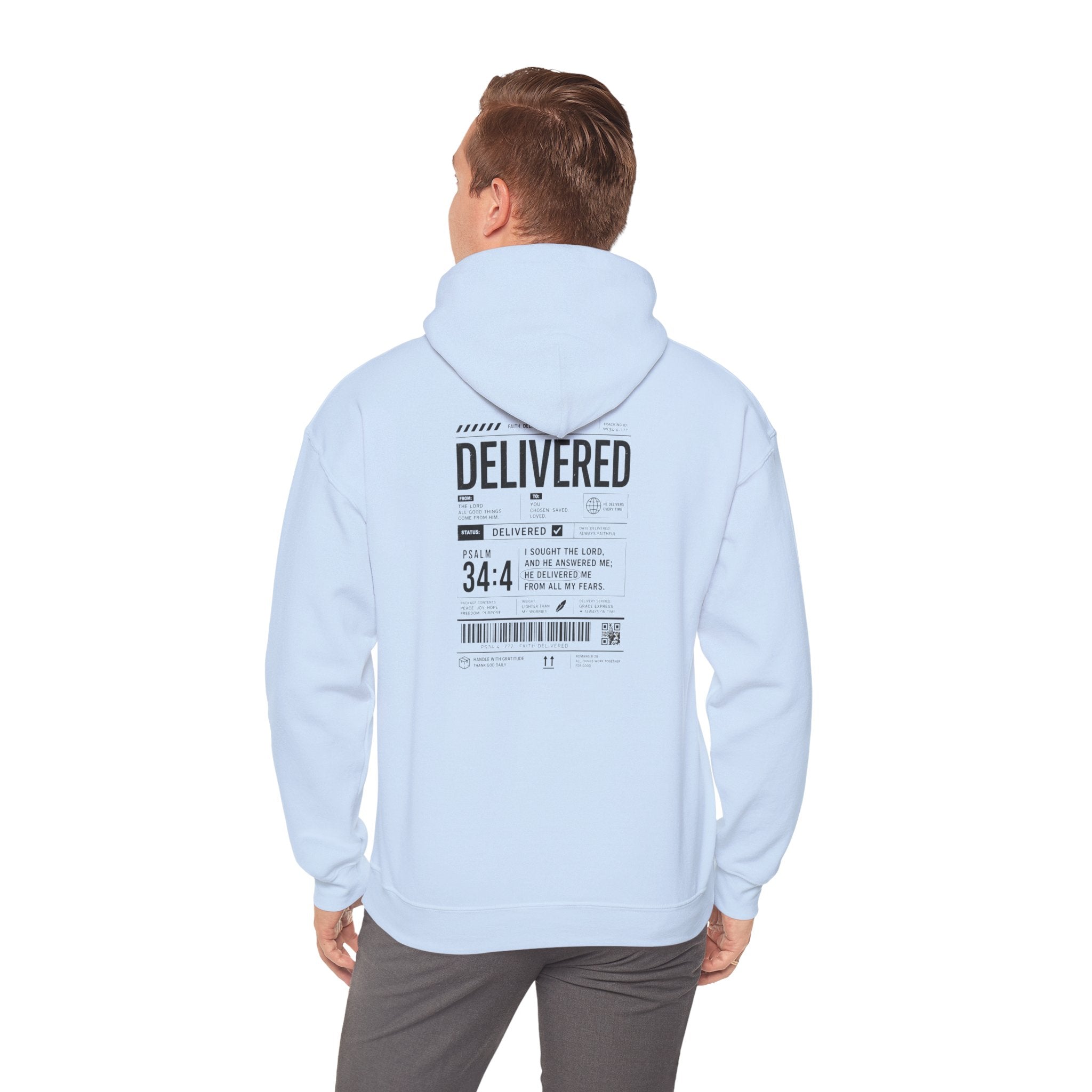 Christian Graphic Hoodie 'Delivered' Shipping Label Pullover, Faith-Based Streetwear Sweatshirt