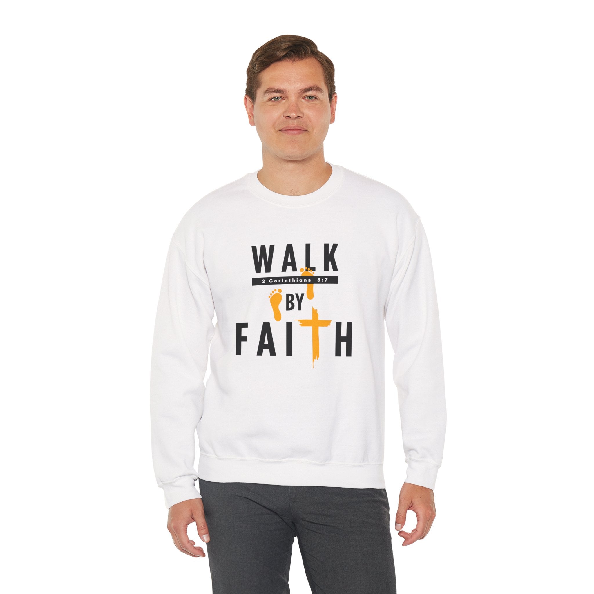 Christian Crewneck Sweatshirt "Walk By Faith" Pullover, 2 Corinthians 5:7 Apparel, Inspirational Faith Graphic Sweatshirt