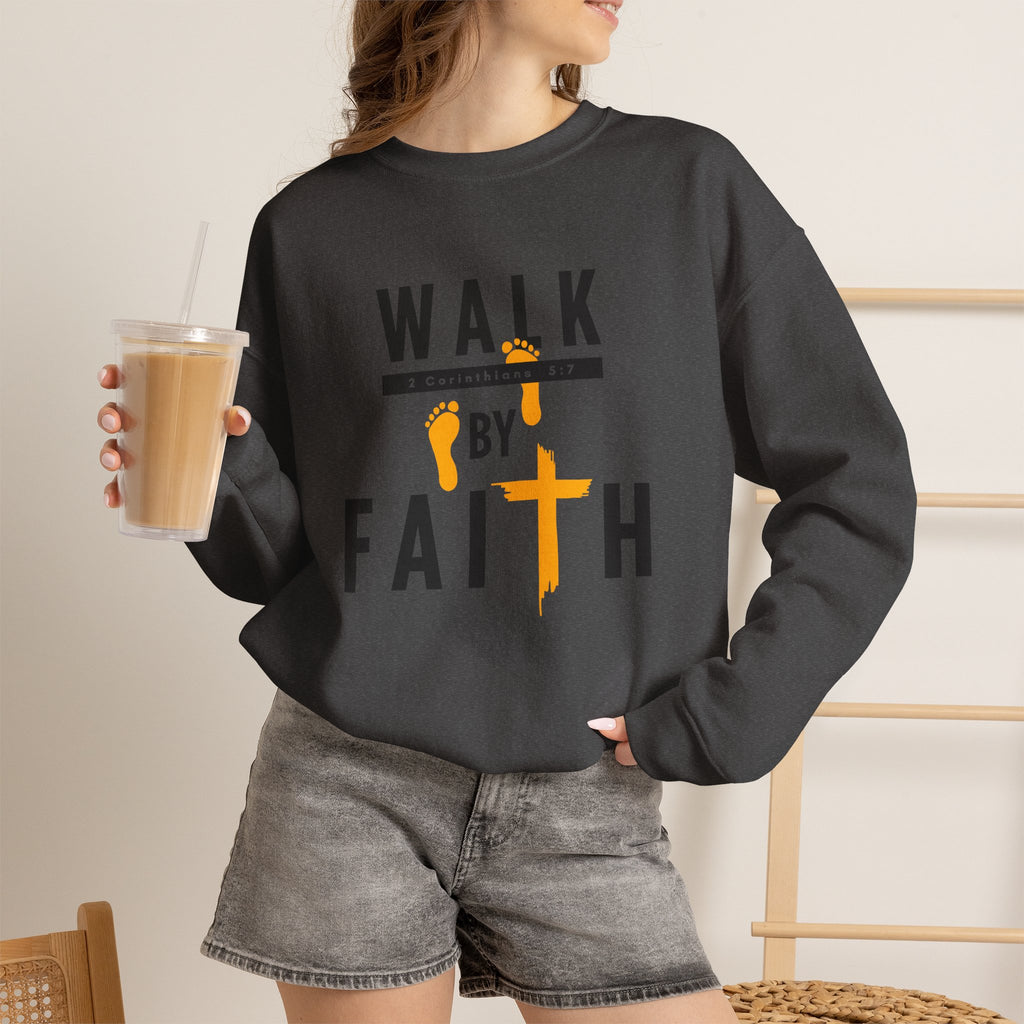Christian Crewneck Sweatshirt "Walk By Faith" Pullover, 2 Corinthians 5:7 Apparel, Inspirational Faith Graphic Sweatshirt