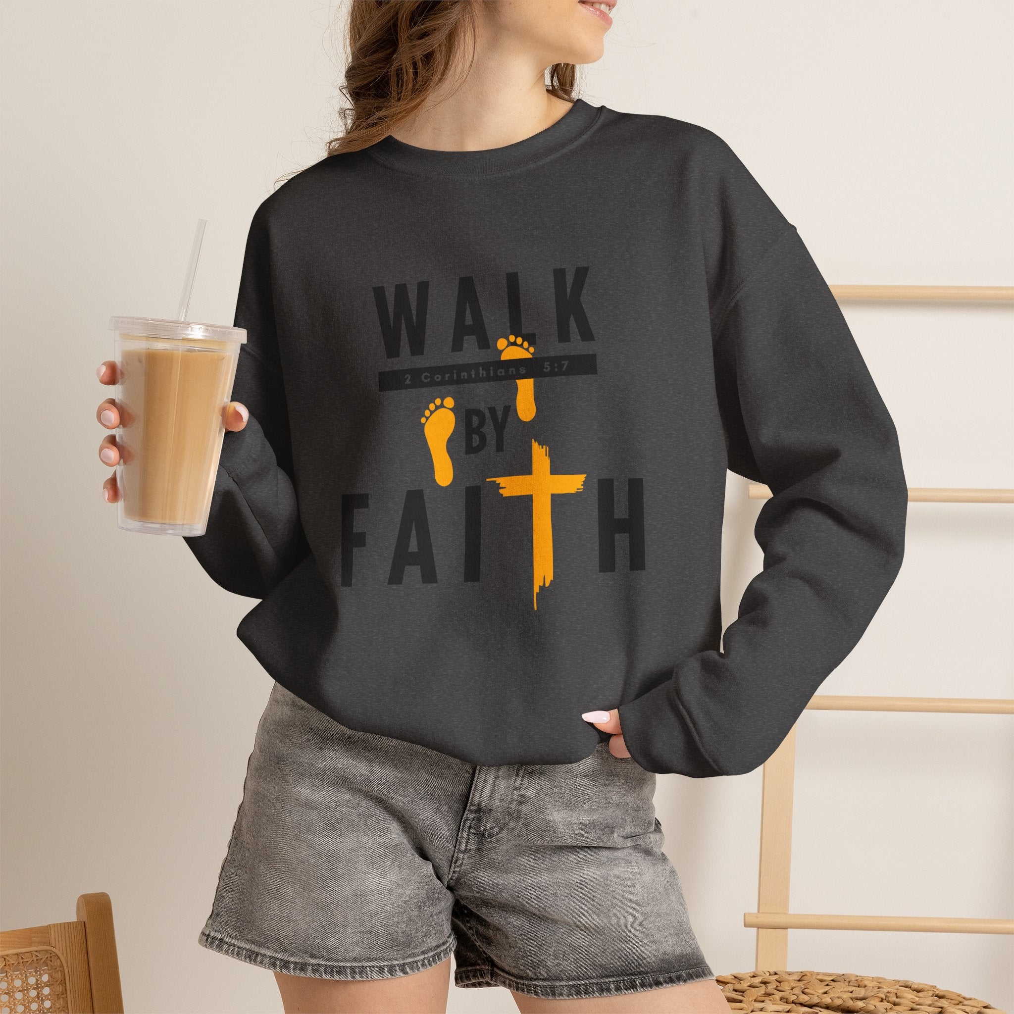 Christian Crewneck Sweatshirt "Walk By Faith" Pullover, 2 Corinthians 5:7 Apparel, Inspirational Faith Graphic Sweatshirt
