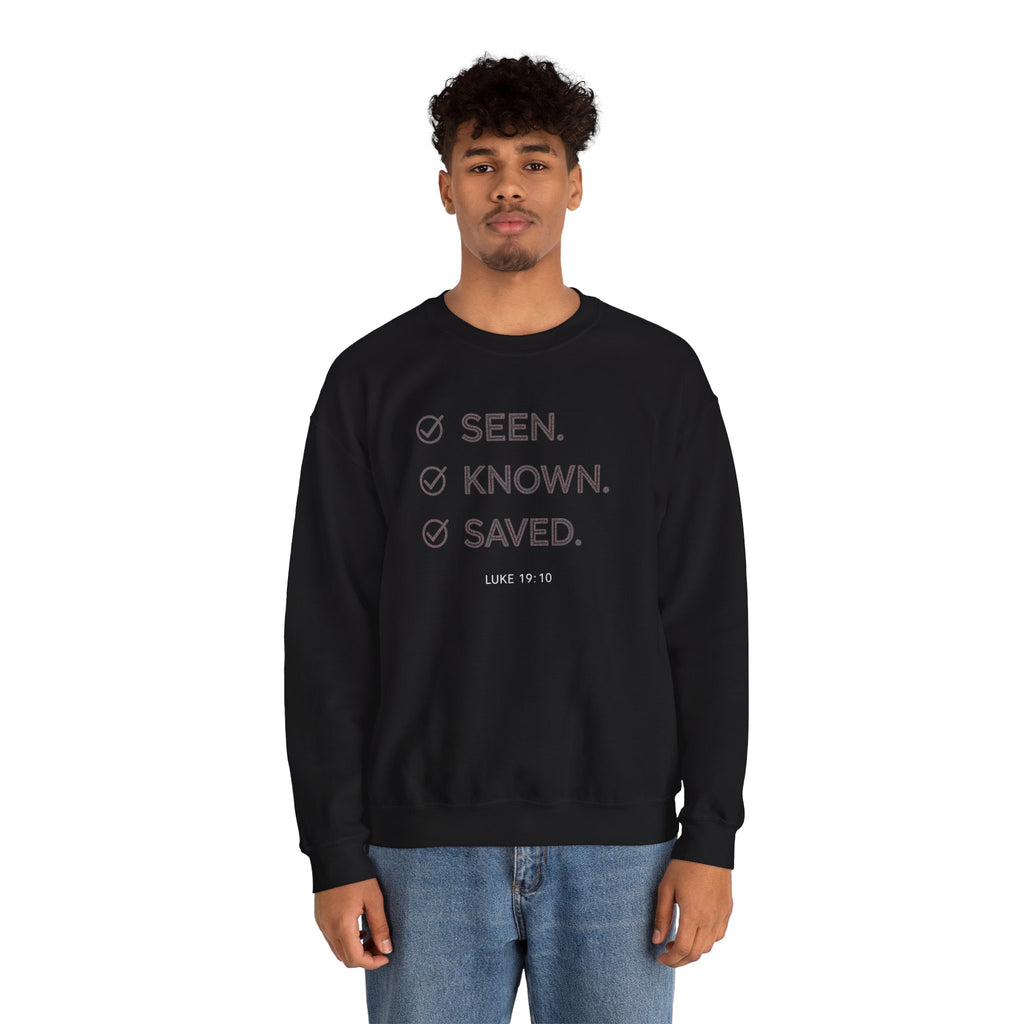 Christian Crewneck Sweatshirt "Seen Known Saved" Pullover, Gospel Faith Message Apparel, Inspirational Religious Sweatshirt