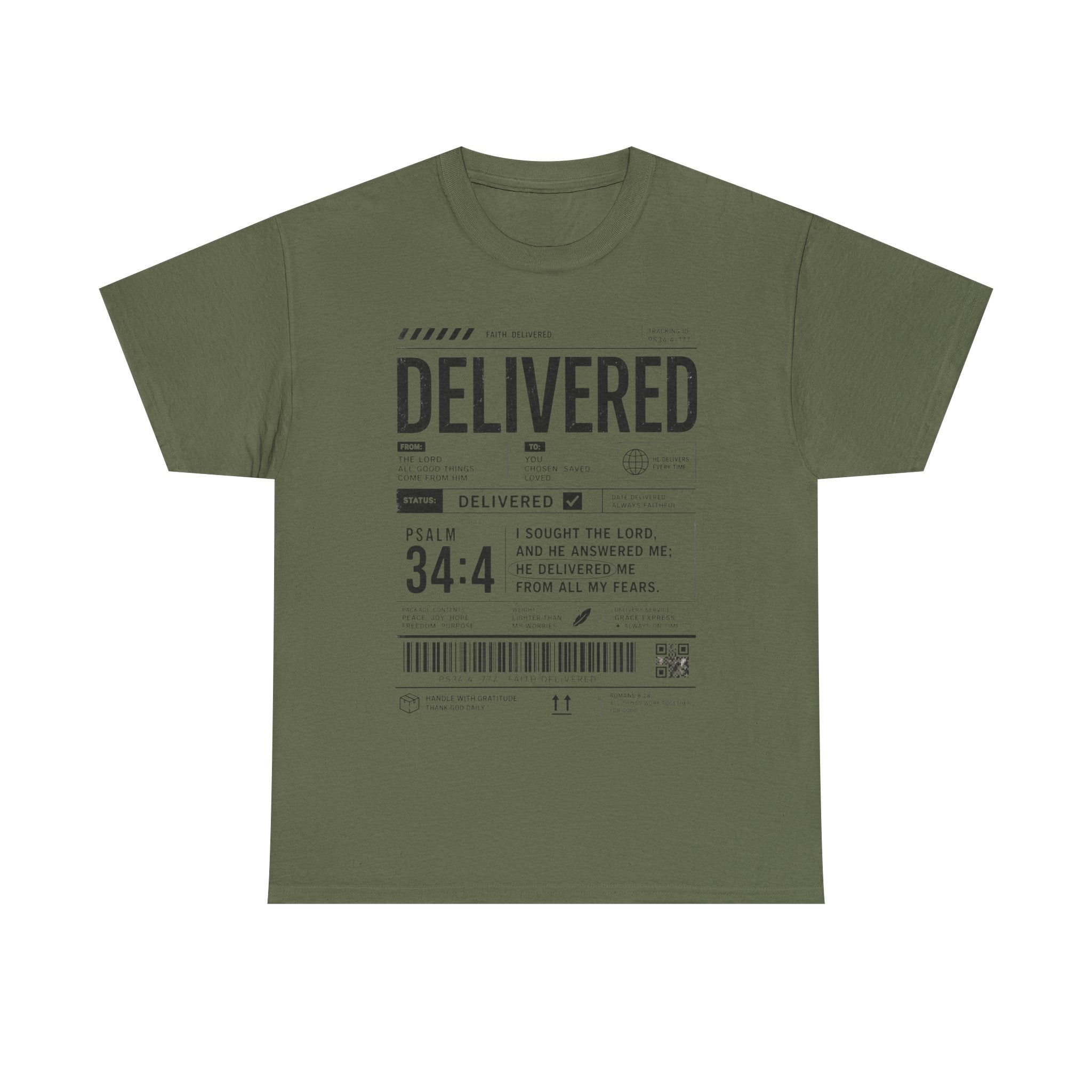 Delivered Graphic Tee — Inspirational Psalm 34:4 Christian T-Shirt