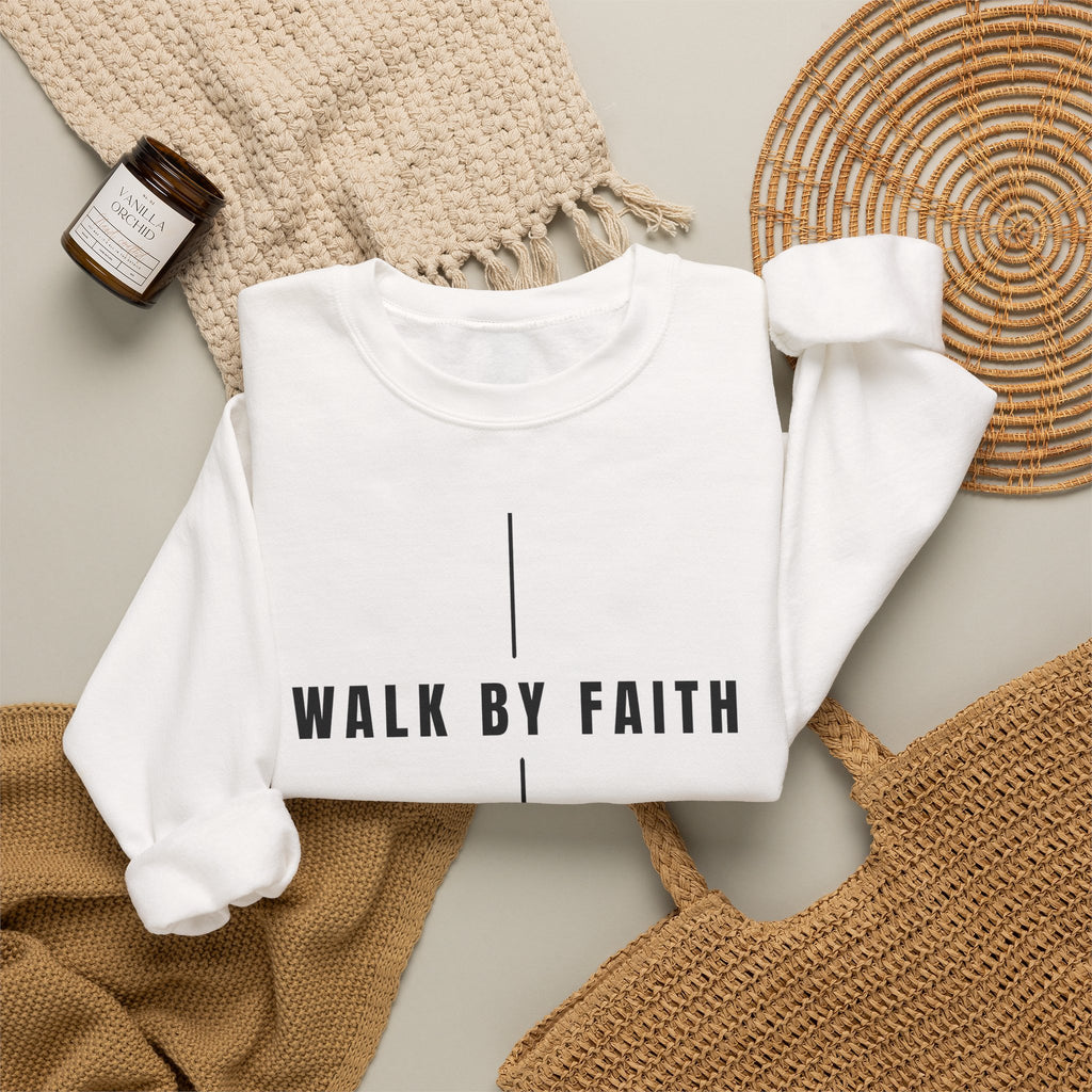 Christian Crewneck Sweatshirt "Walk By Faith" Pullover, 2 Corinthians 5:7 Apparel, Minimalist Faith Graphic Sweatshirt