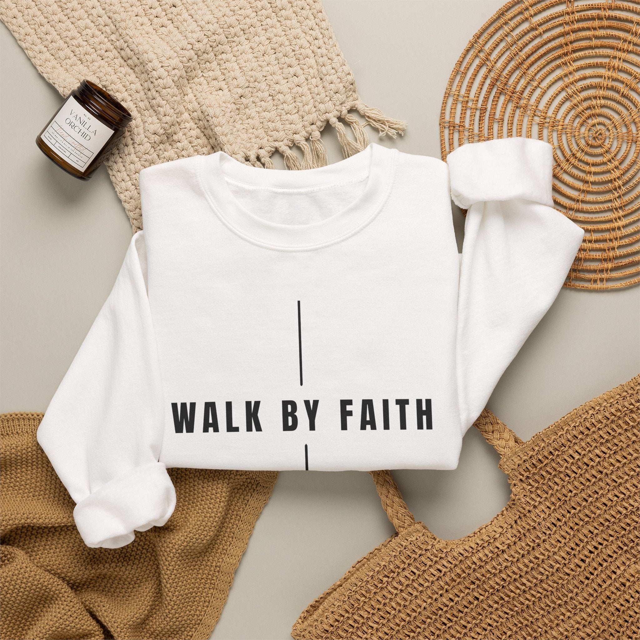 Christian Crewneck Sweatshirt "Walk By Faith" Pullover, 2 Corinthians 5:7 Apparel, Minimalist Faith Graphic Sweatshirt