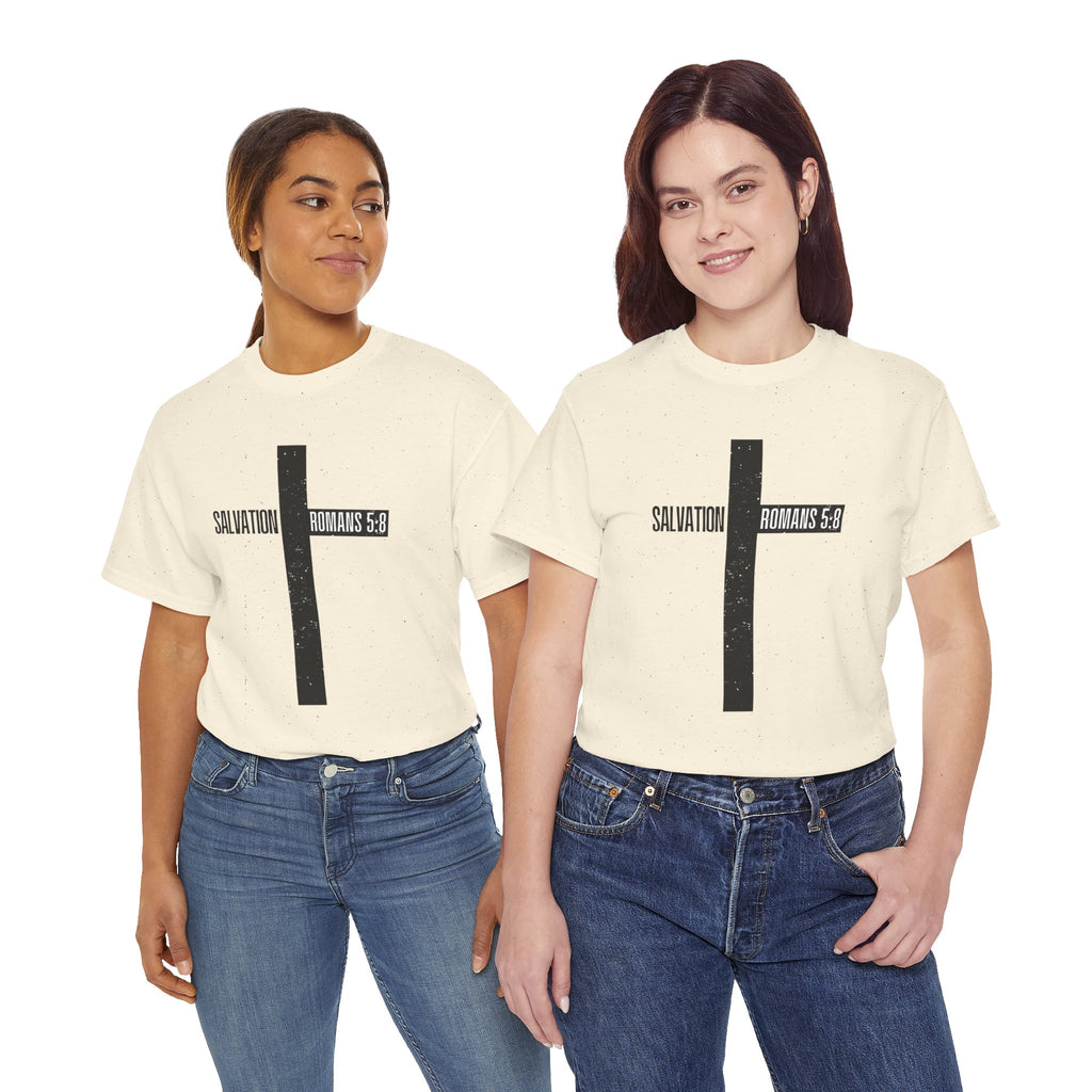 Christian Cross T-Shirt — "Salvation Romans 5:8" Faith Tee