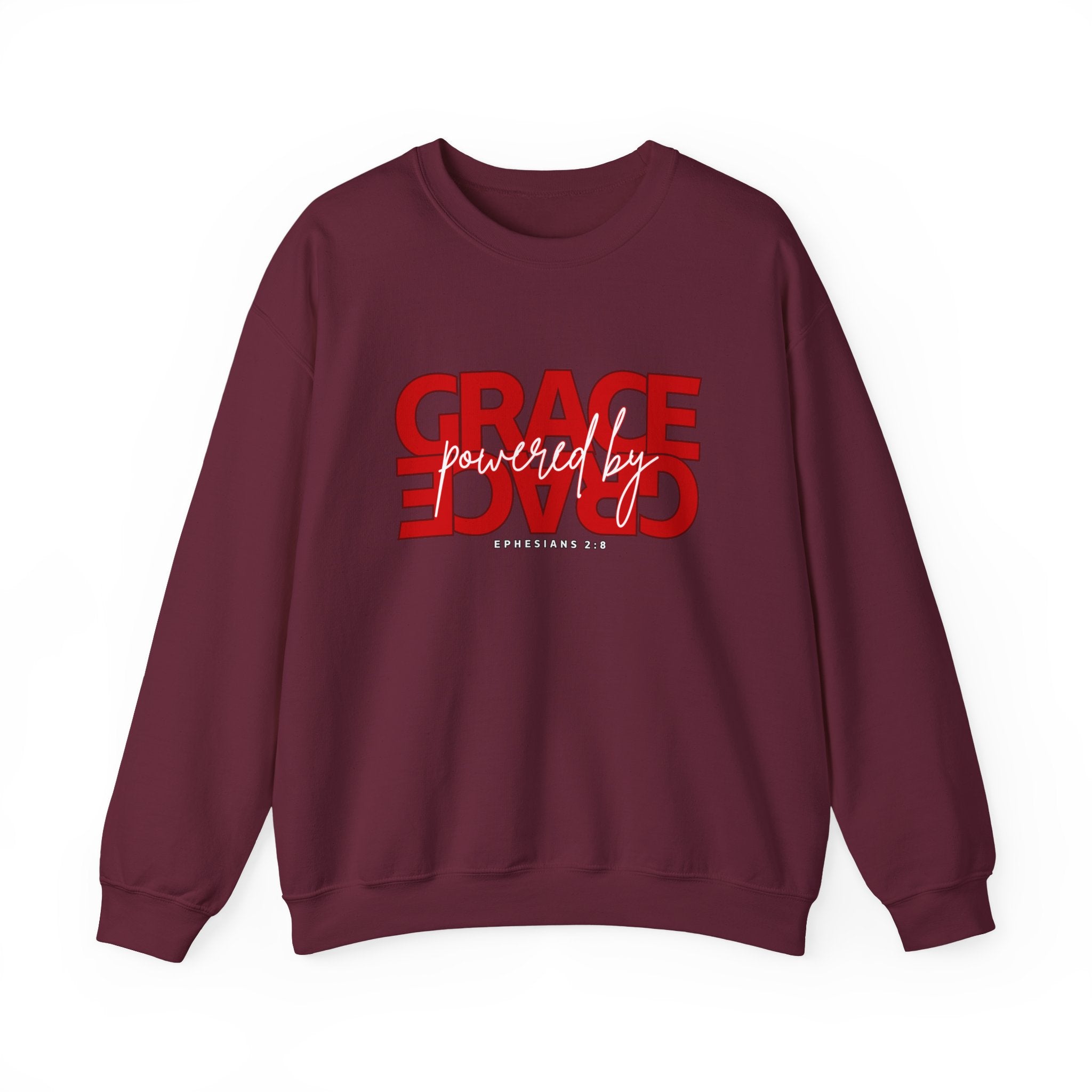 Crewneck Sweatshirt — "Grace Powered By God" Christian Faith Pullover (Ephesians 2:8)
