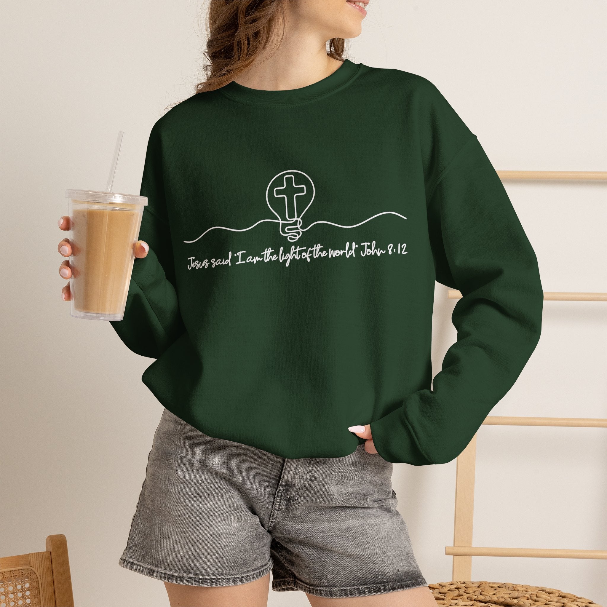 Christian Crewneck Sweatshirt "I AM the Light" Cross Pullover, John 8:12 Scripture Apparel, Faith Graphic Sweatshirt