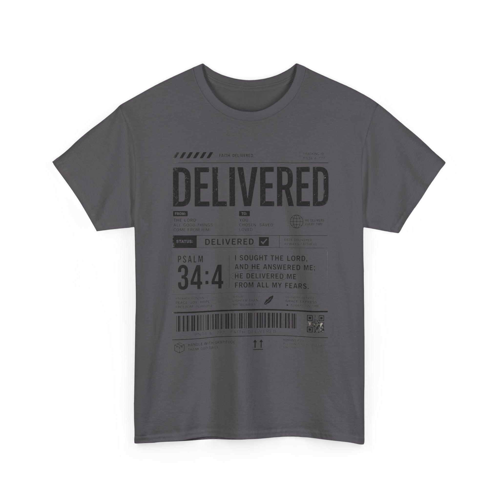 Delivered Graphic Tee — Inspirational Psalm 34:4 Christian T-Shirt