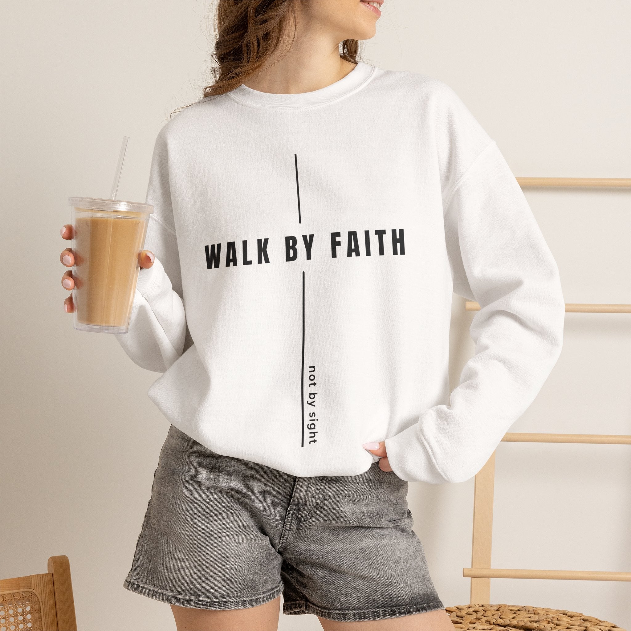 Christian Crewneck Sweatshirt "Walk By Faith" Pullover, 2 Corinthians 5:7 Apparel, Minimalist Faith Graphic Sweatshirt