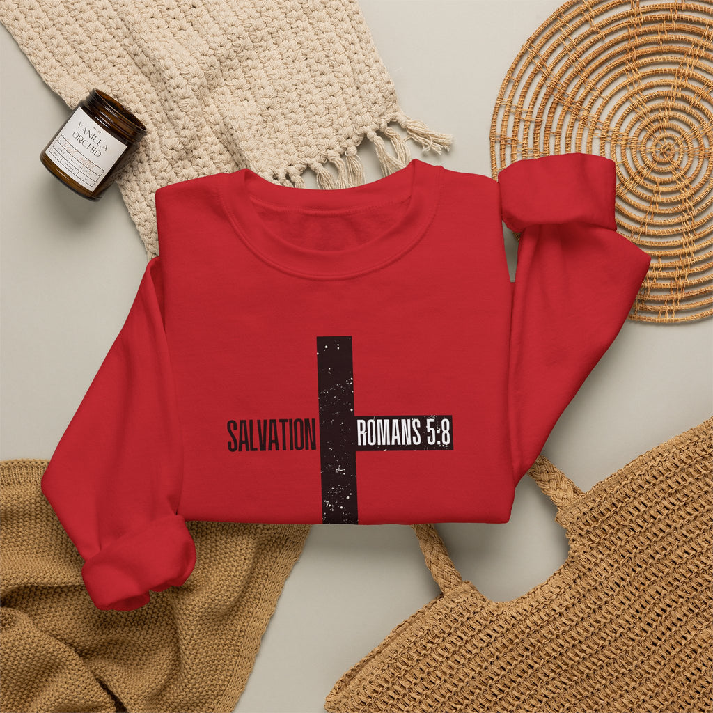 Christian Crewneck Sweatshirt "Salvation" Romans 5:8 Pullover, Jesus Cross Apparel, Faith Grace Graphic Sweatshirt