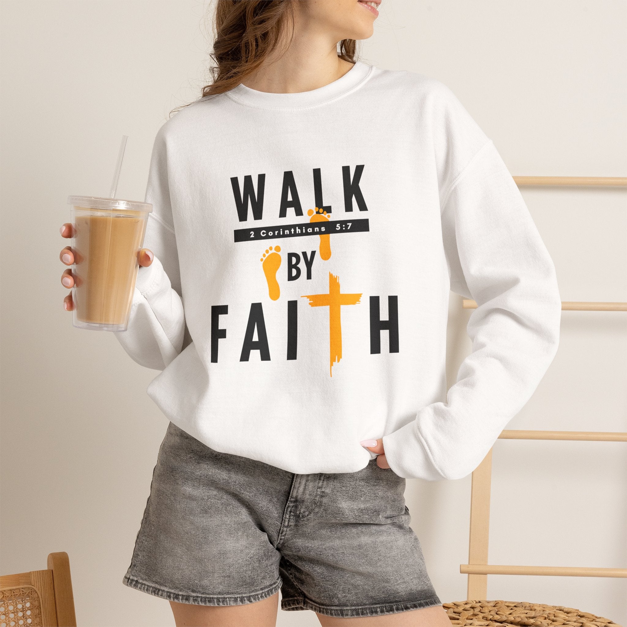 Christian Crewneck Sweatshirt "Walk By Faith" Pullover, 2 Corinthians 5:7 Apparel, Inspirational Faith Graphic Sweatshirt