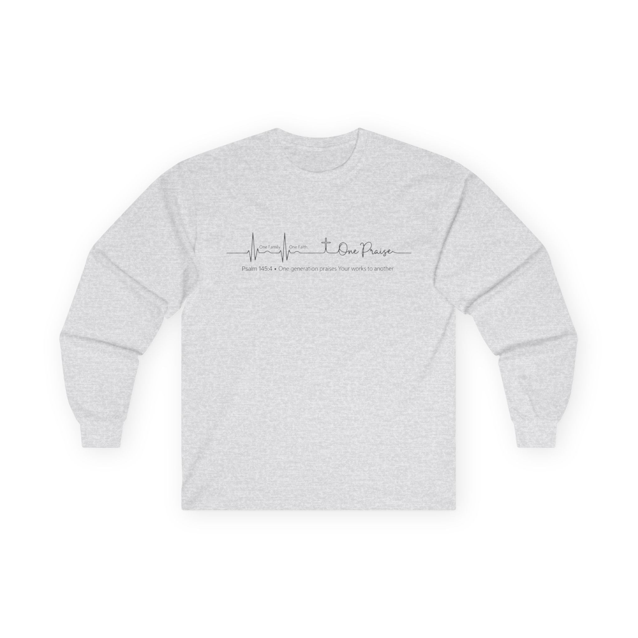 Long Sleeve Tee — Hope Heartbeat Cross "One Faith One Family One Praise" Minimalist Christian Shirt