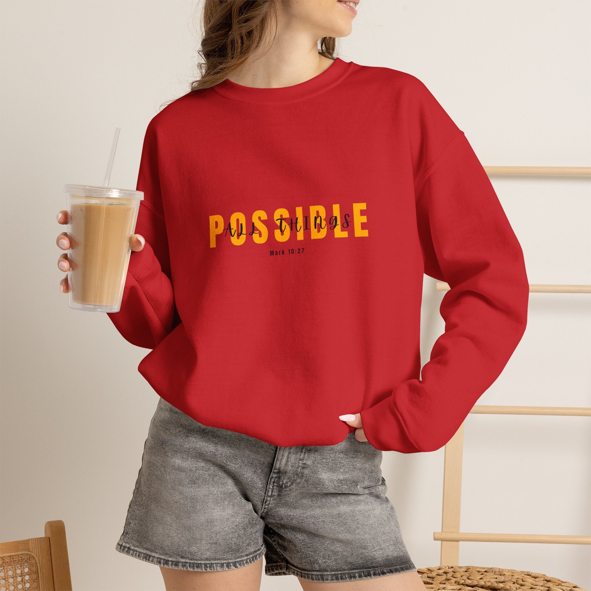 Christian Crewneck Sweatshirt "All Things Possible" Pullover, Inspirational Scripture Apparel, Faith Typography Graphic Sweatshirt