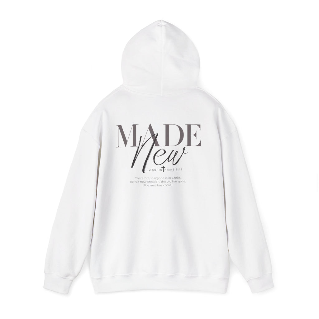 Inspirational Hoodie "Made New" Back Print Pullover, Christian Faith Sweatshirt, Minimalist Graphic Streetwear