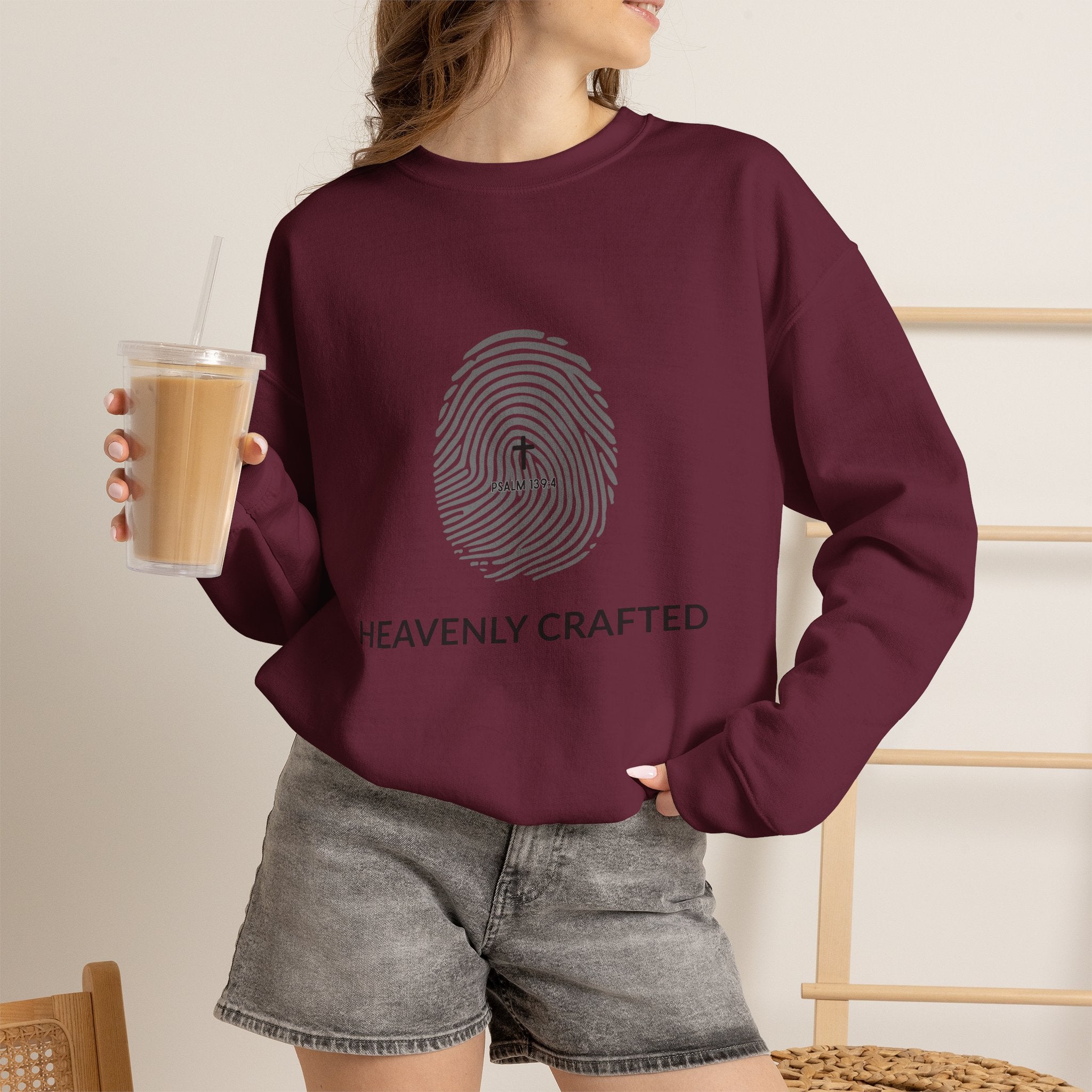 Christian Crewneck Sweatshirt "Heavenly Crafted" Fingerprint Pullover, Psalm 139 Identity Apparel, Unique Faith Graphic Sweatshirt