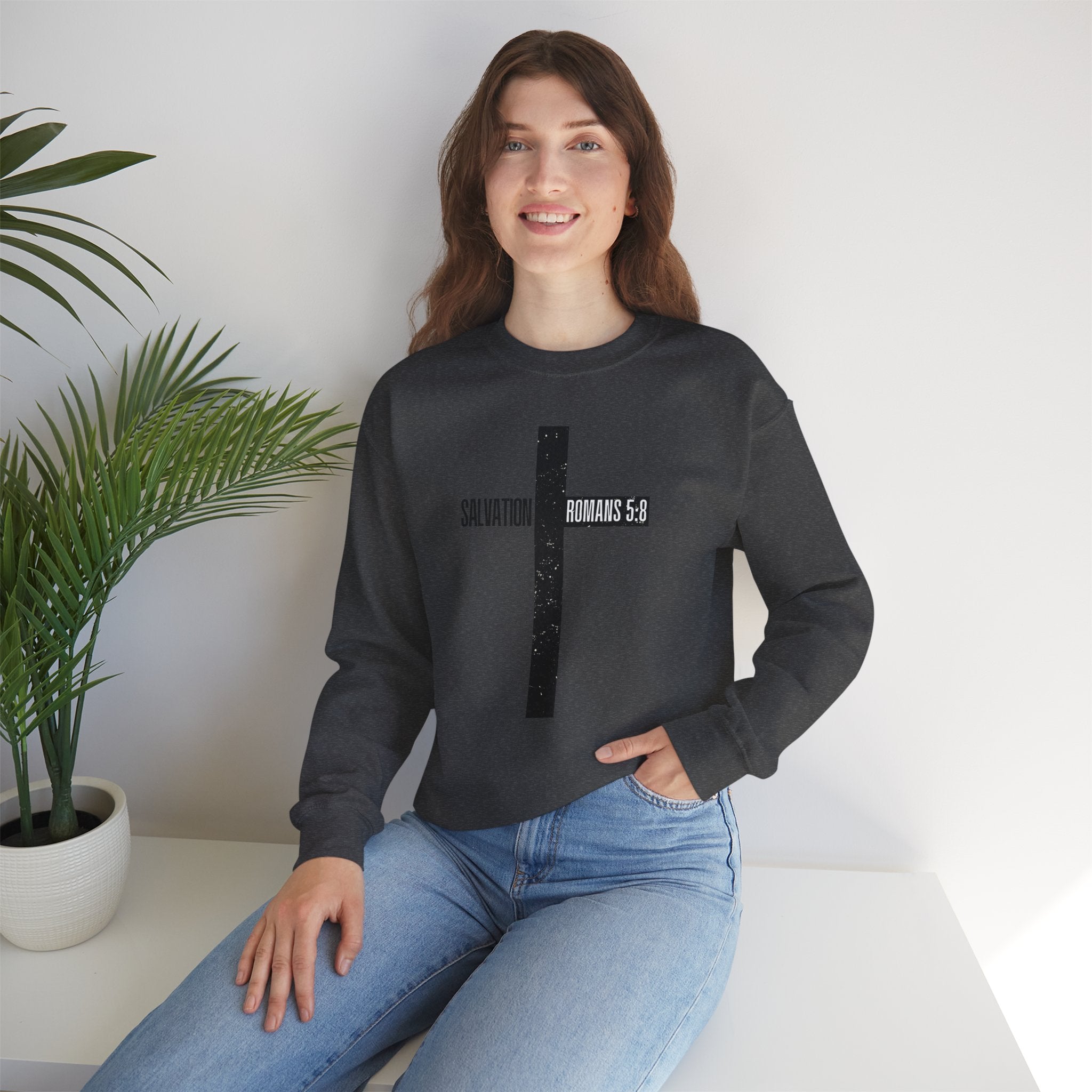 Christian Crewneck Sweatshirt "Salvation" Romans 5:8 Pullover, Jesus Cross Apparel, Faith Grace Graphic Sweatshirt