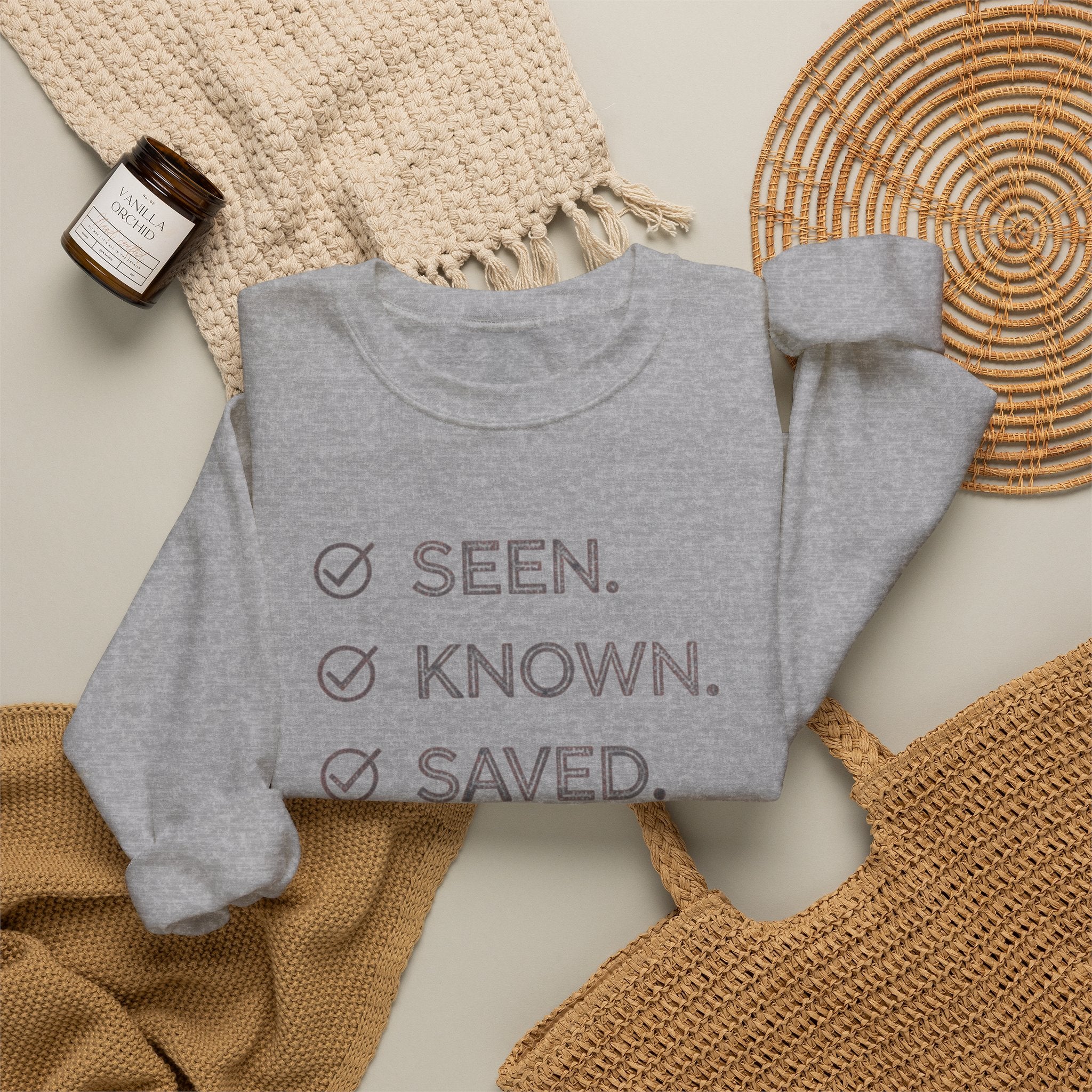 Christian Crewneck Sweatshirt "Seen Known Saved" Pullover, Gospel Faith Message Apparel, Inspirational Religious Sweatshirt