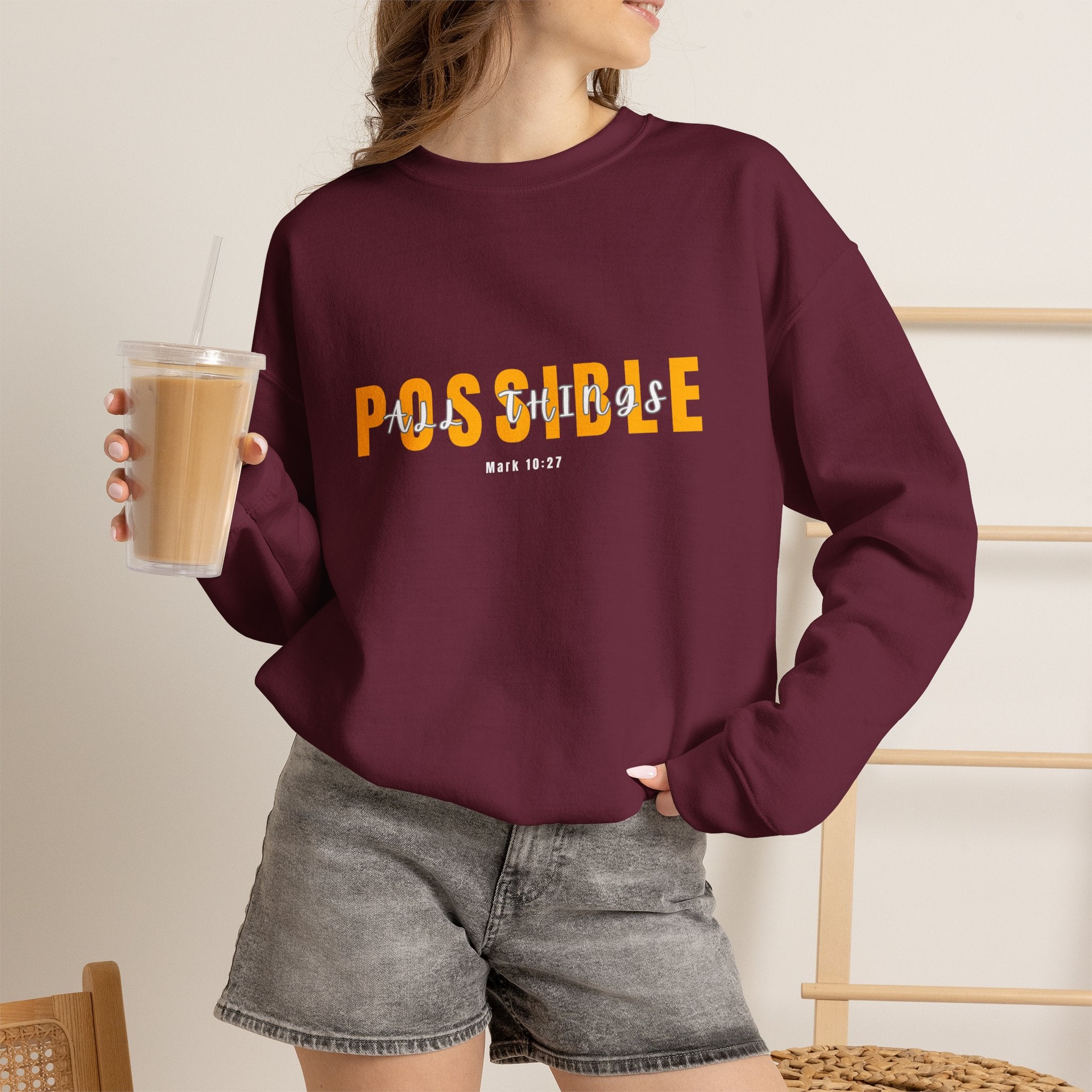 Inspirational Crewneck Sweatshirt "Possible" Pullover, Positive Affirmation Apparel, Motivational Mindset Graphic Sweatshirt