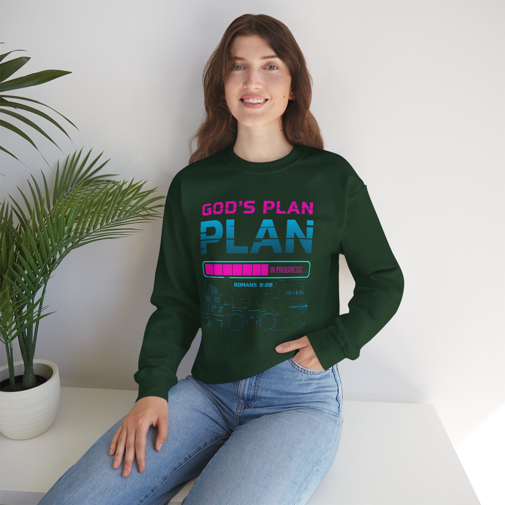 God's Plan Crewneck Sweatshirt — Retro Neon Faith Graphic