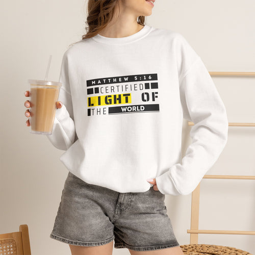 Christian Crewneck Sweatshirt "Certified Light of the World" Pullover, Matthew 5:14 Scripture Apparel, Trendy Faith Graphic Sweatshirt