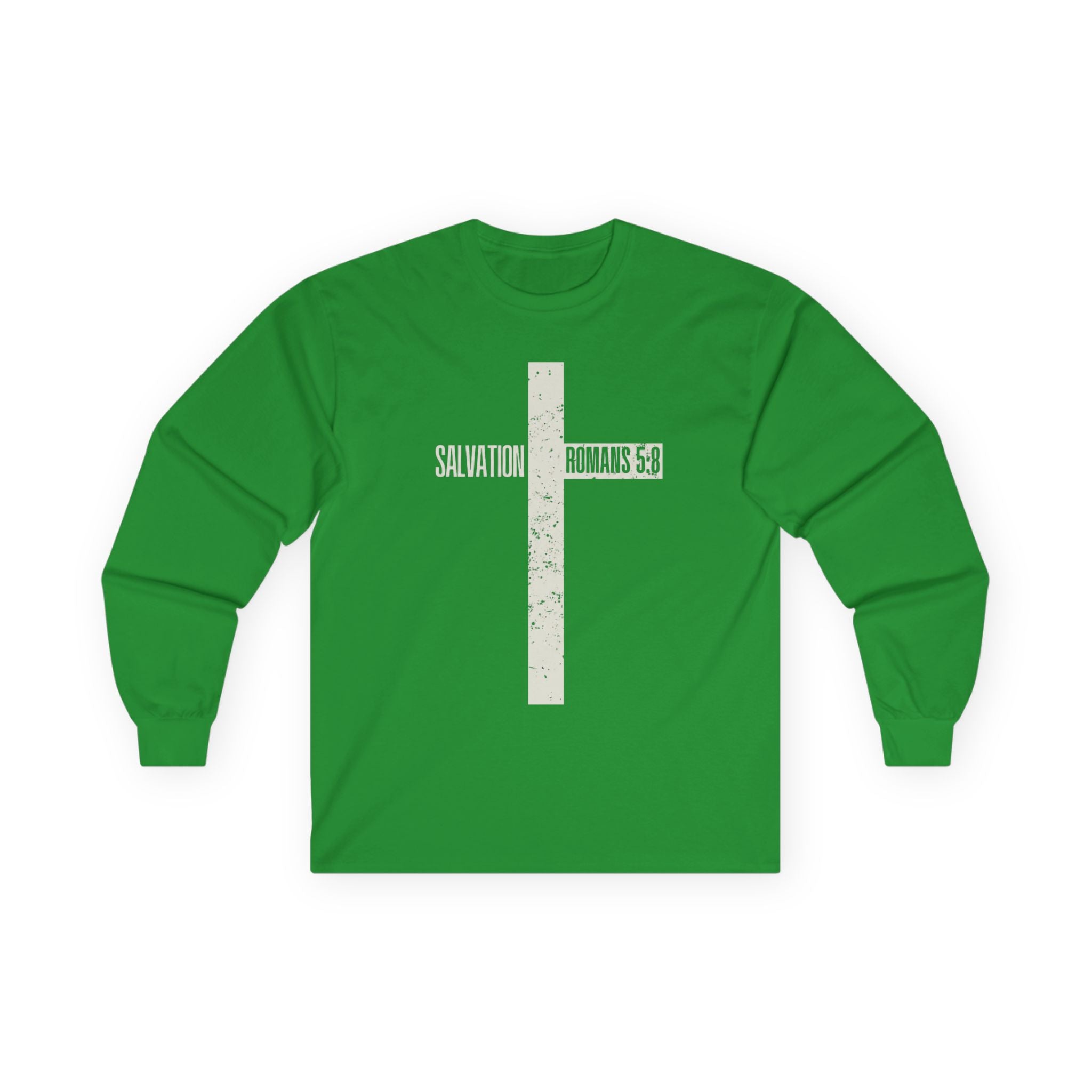 Salvation Cross Long Sleeve Tee — "Romans 5:8" Christian Faith Shirt