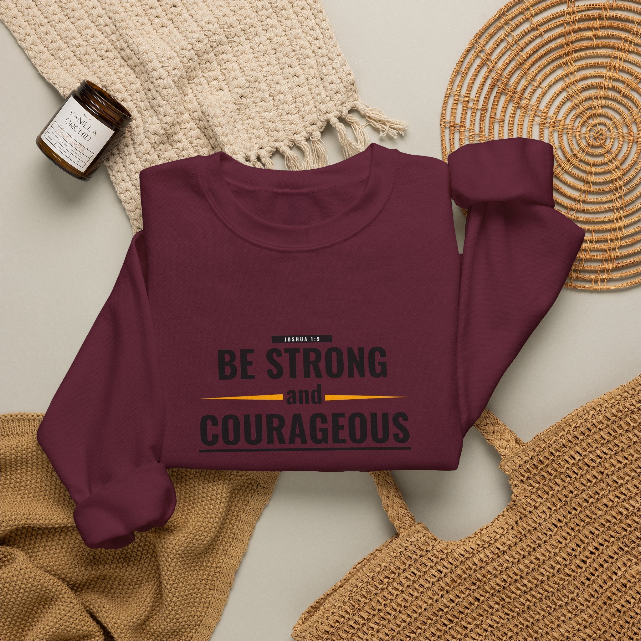 Inspirational Crewneck Sweatshirt "Be Strong and Courageous" Pullover, Joshua 1:9 Scripture Apparel, Motivational Christian Graphic Sweatshirt