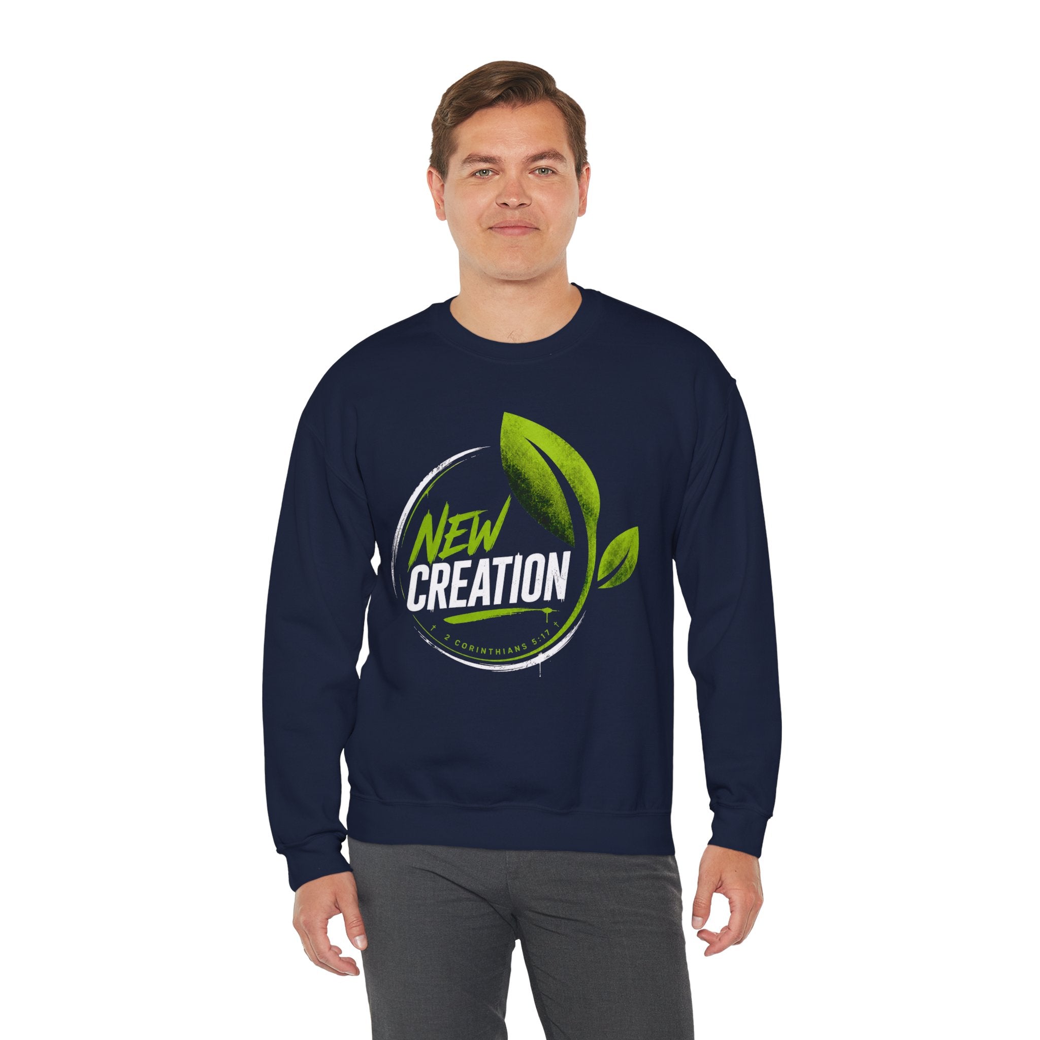 Christian Crewneck Sweatshirt "New Creation" Pullover, 2 Corinthians 5:17 Scripture Apparel, Green Leaf Graphic Sweatshirt