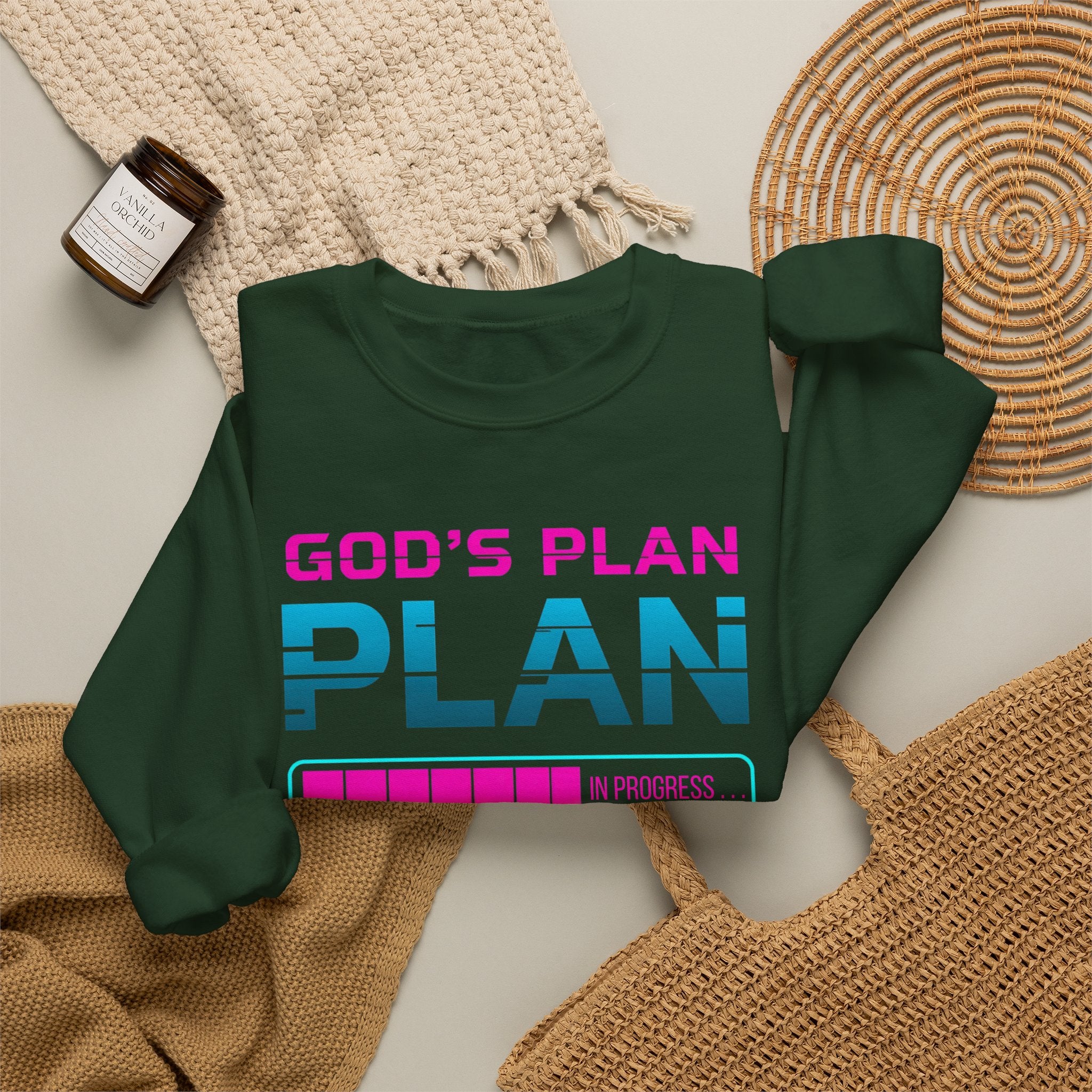 God's Plan Crewneck Sweatshirt — Retro Neon Faith Graphic