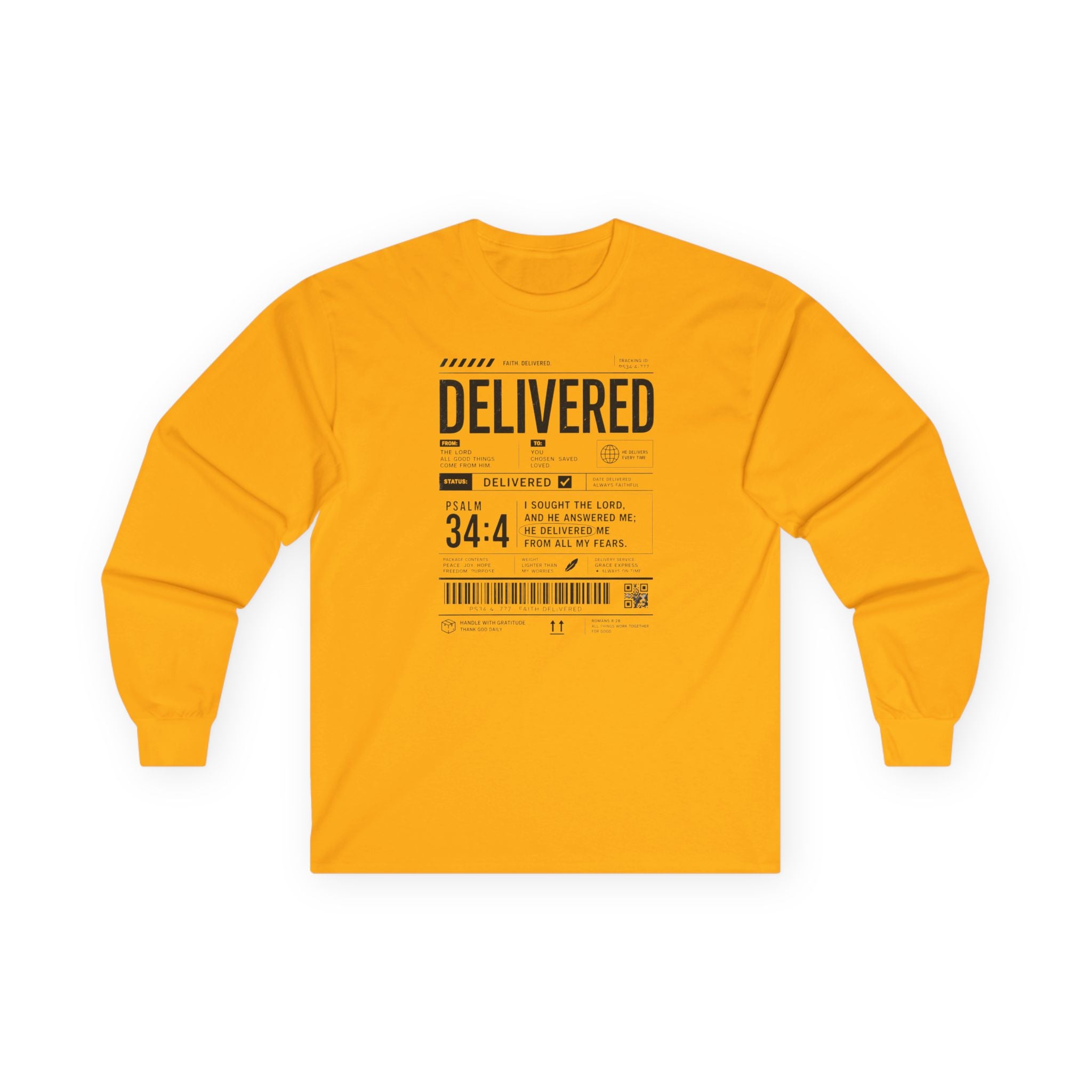 Long Sleeve Christian Tee — 'Delivered' Shipping Label Graphic