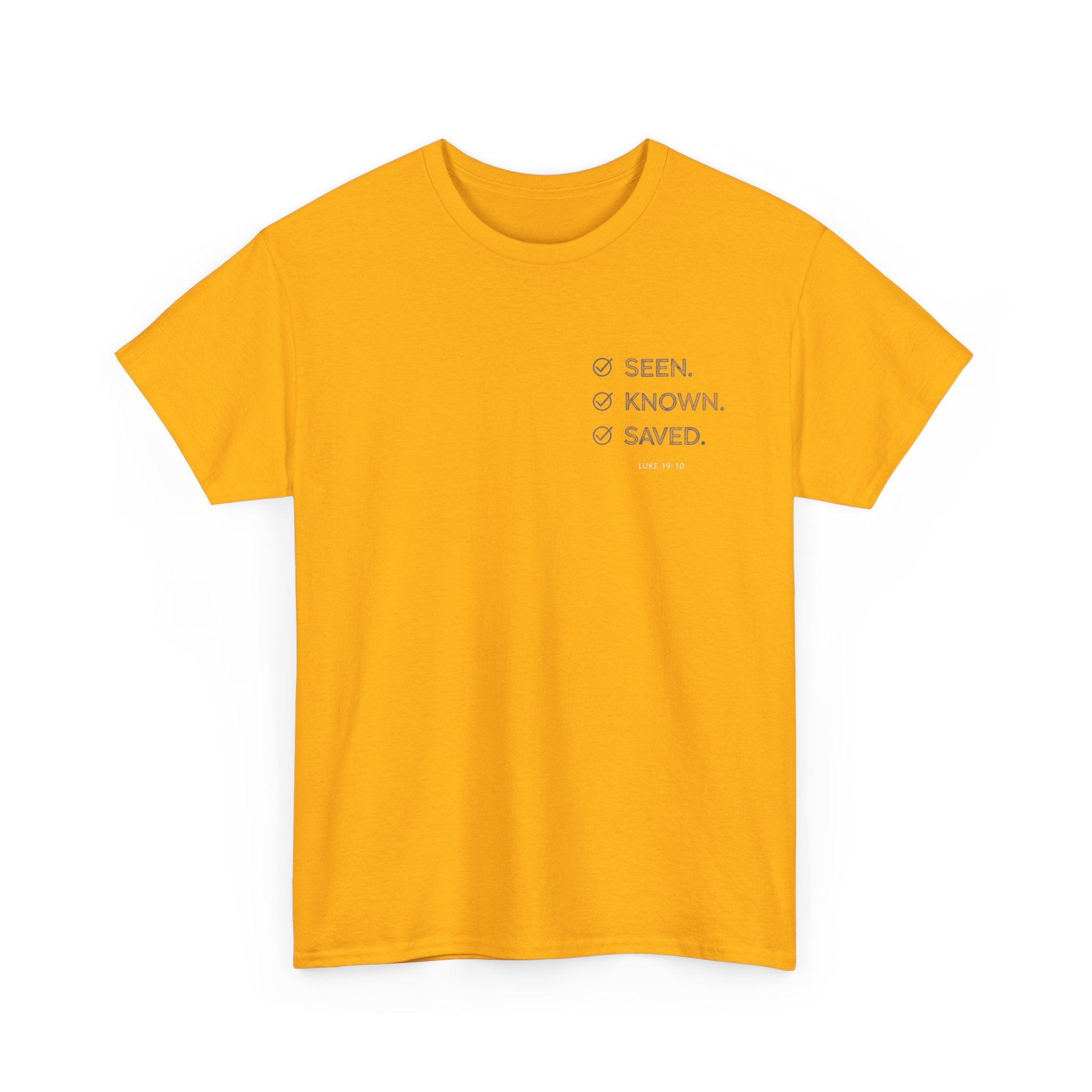 Black Text-Pattern T-Shirt — Seen Known Saved Christian Typography Graphic Tee