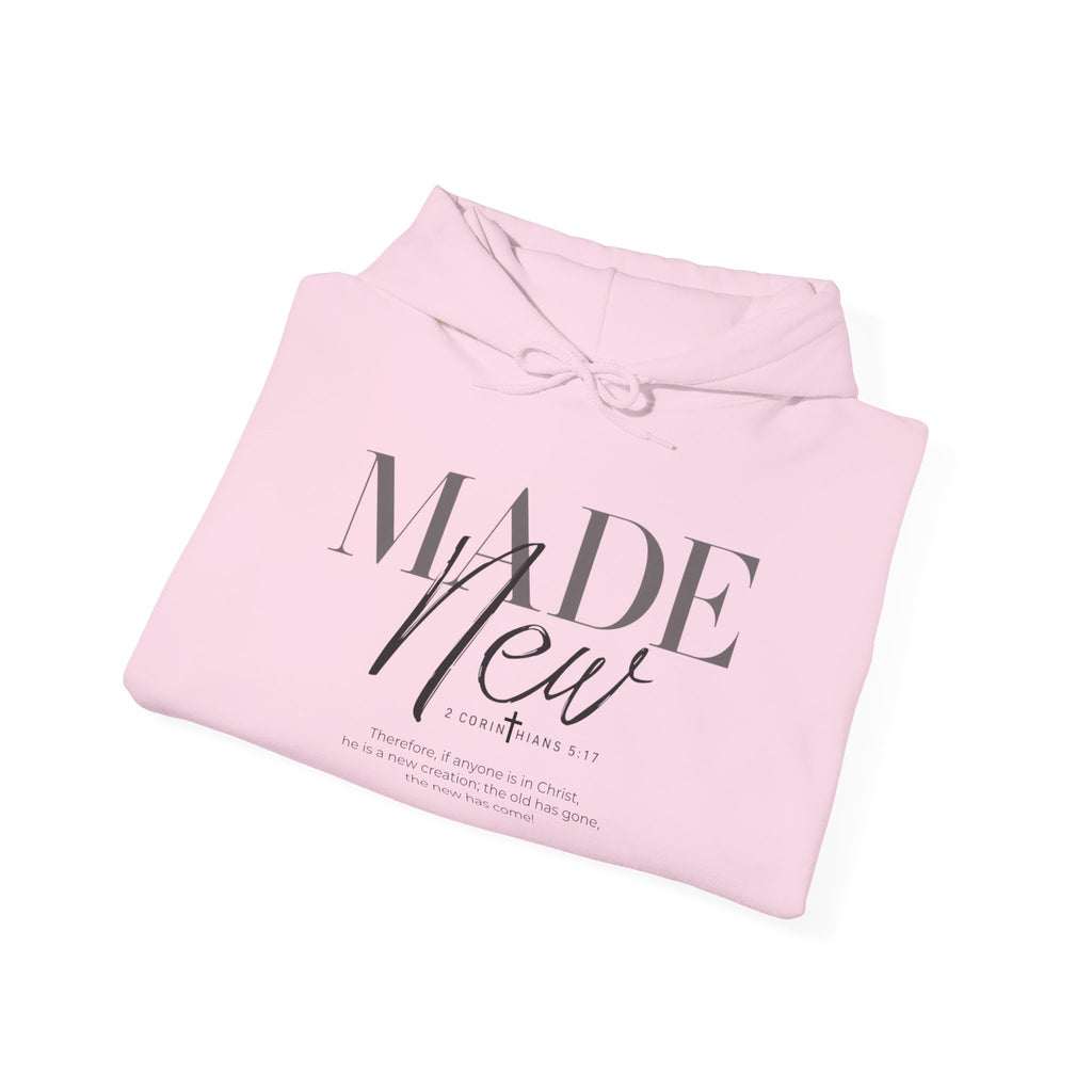 Minimalist Hoodie "Made New" Front Print Pullover, Inspirational Christian Sweatshirt, Aesthetic Faith Clothing