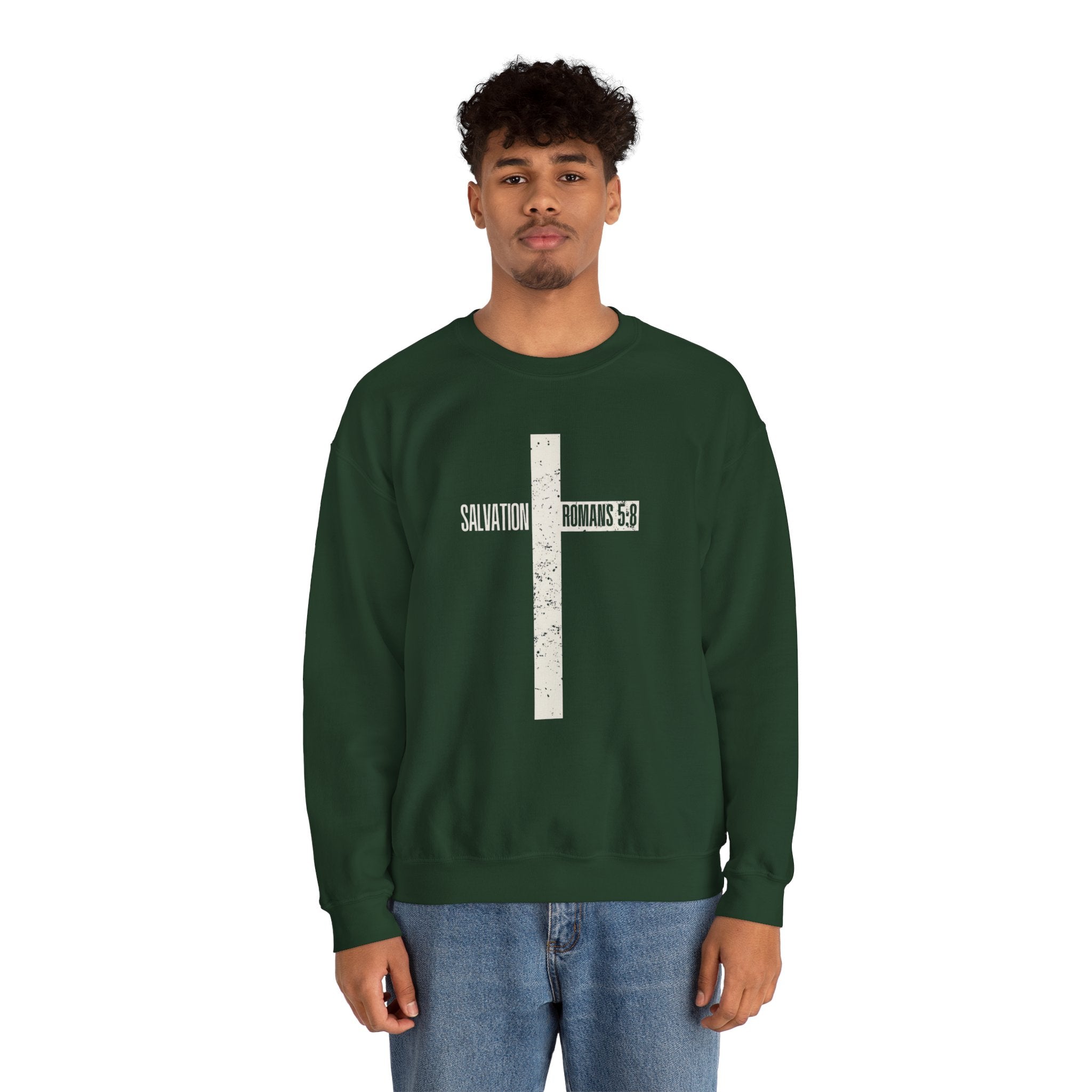 Christian Crewneck Sweatshirt "Salvation" Romans 5:8 Pullover, White Cross Graphic Apparel, Rustic Style Faith Sweatshirt
