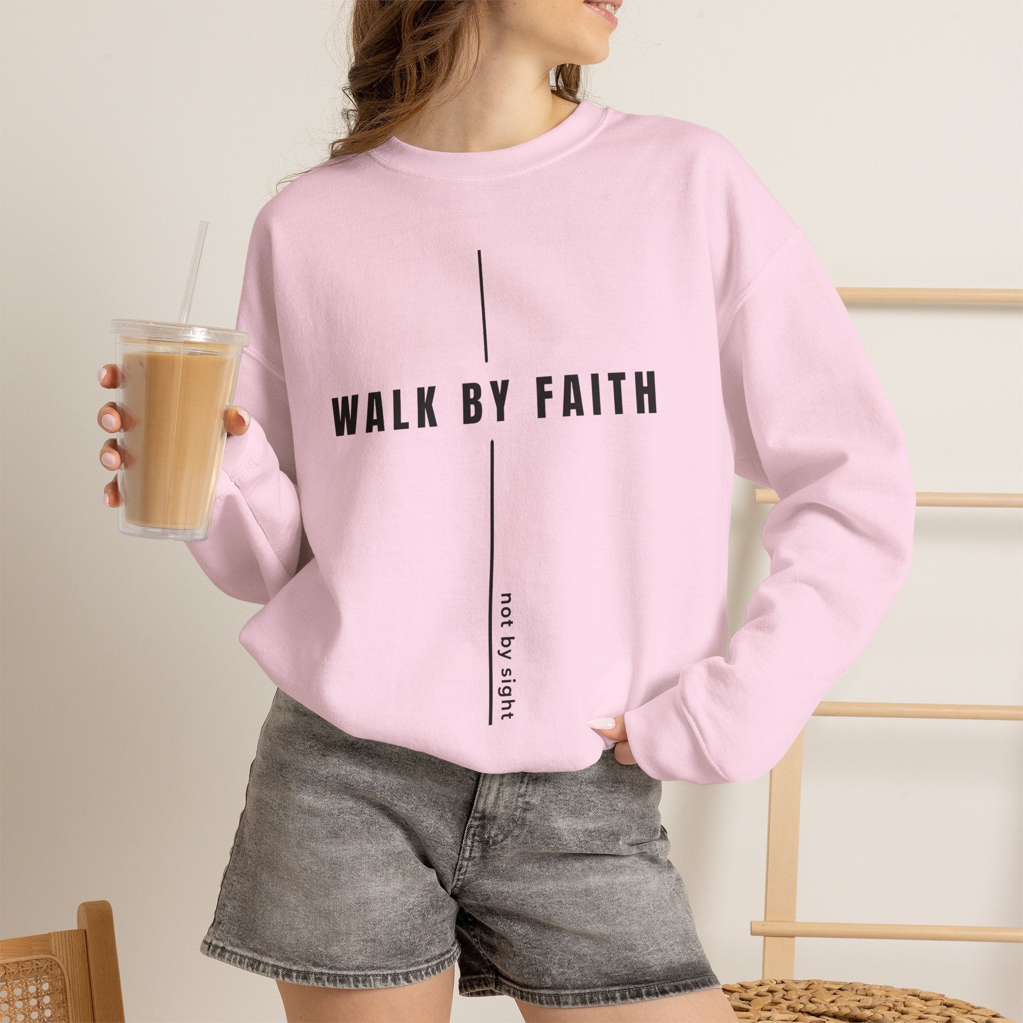 Christian Crewneck Sweatshirt "Walk By Faith" Pullover, 2 Corinthians 5:7 Apparel, Minimalist Faith Graphic Sweatshirt
