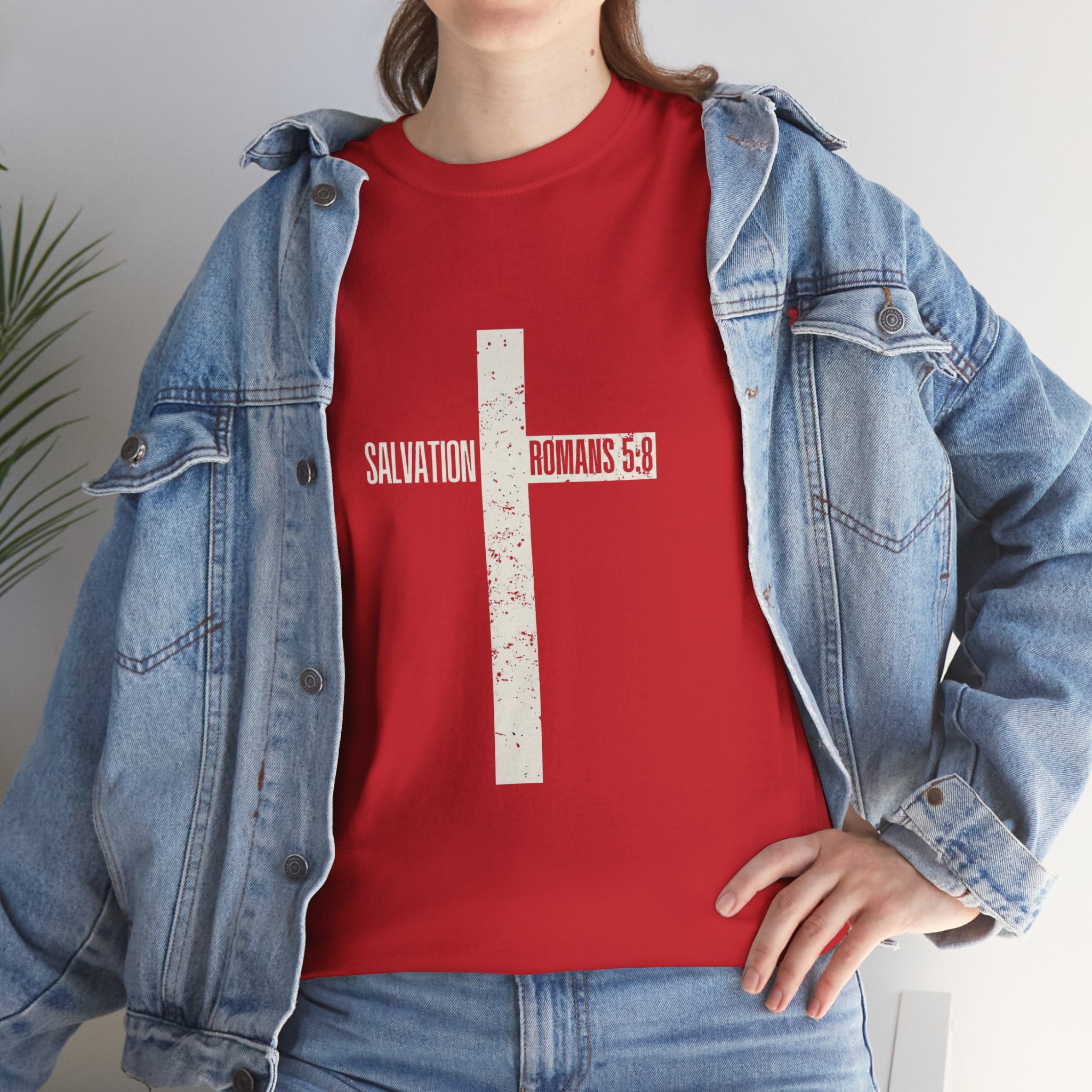 Christian Cross T-Shirt — "Salvation Romans 5:8" Faith Tee