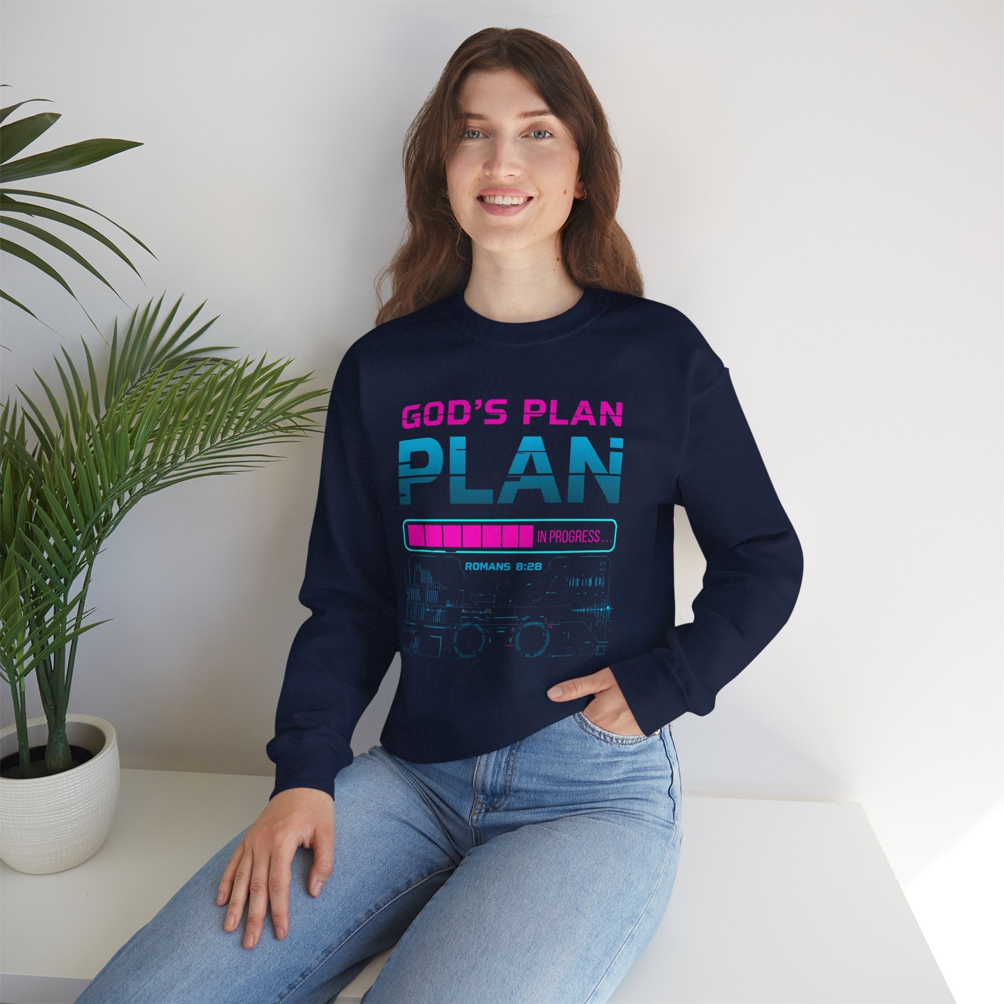 God's Plan Crewneck Sweatshirt — Retro Neon Faith Graphic