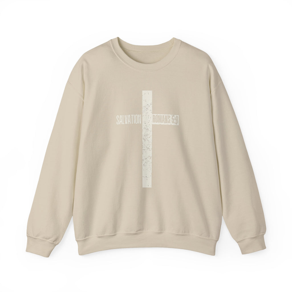 Christian Crewneck Sweatshirt "Salvation" Romans 5:8 Pullover, White Cross Graphic Apparel, Rustic Style Faith Sweatshirt