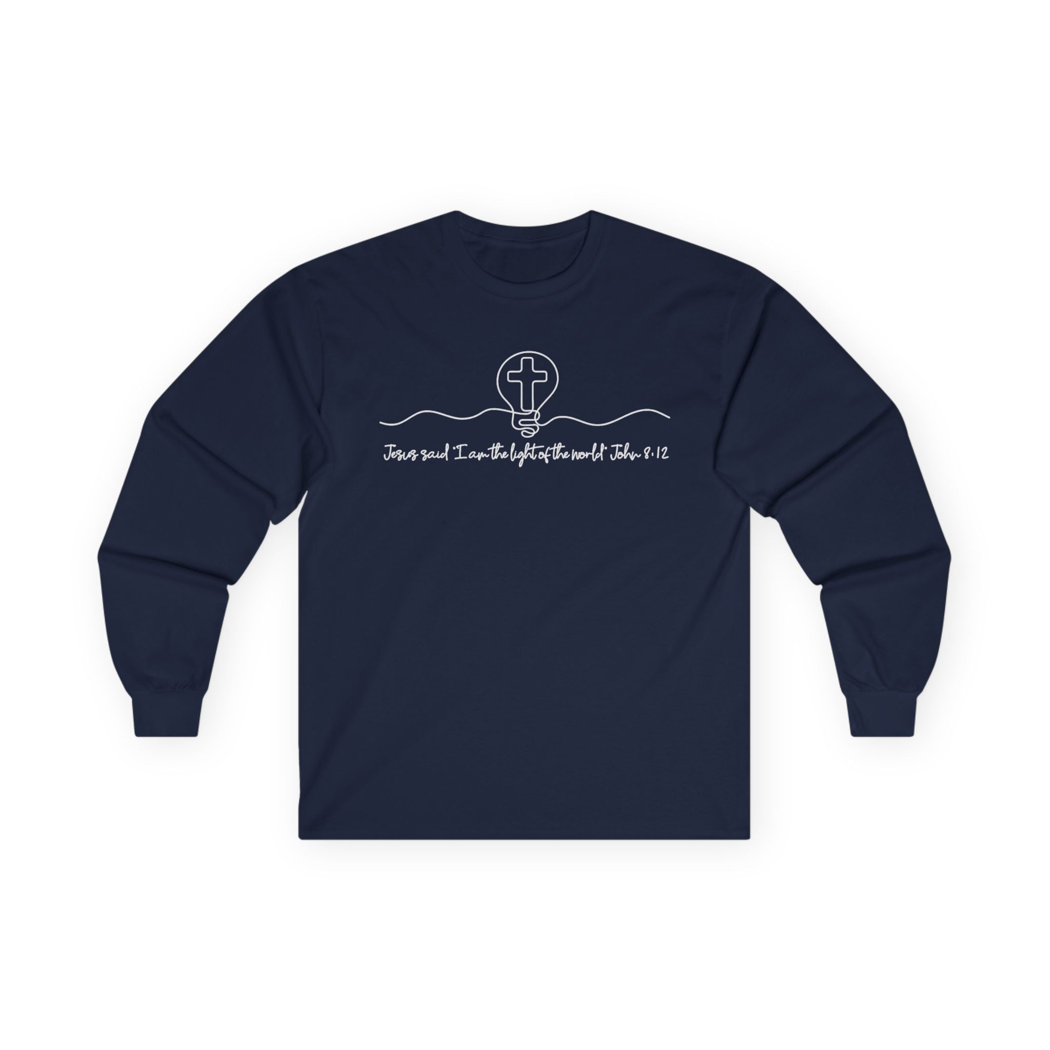 Christian Long Sleeve Tee — "I Am the Light" Minimal Cross Design