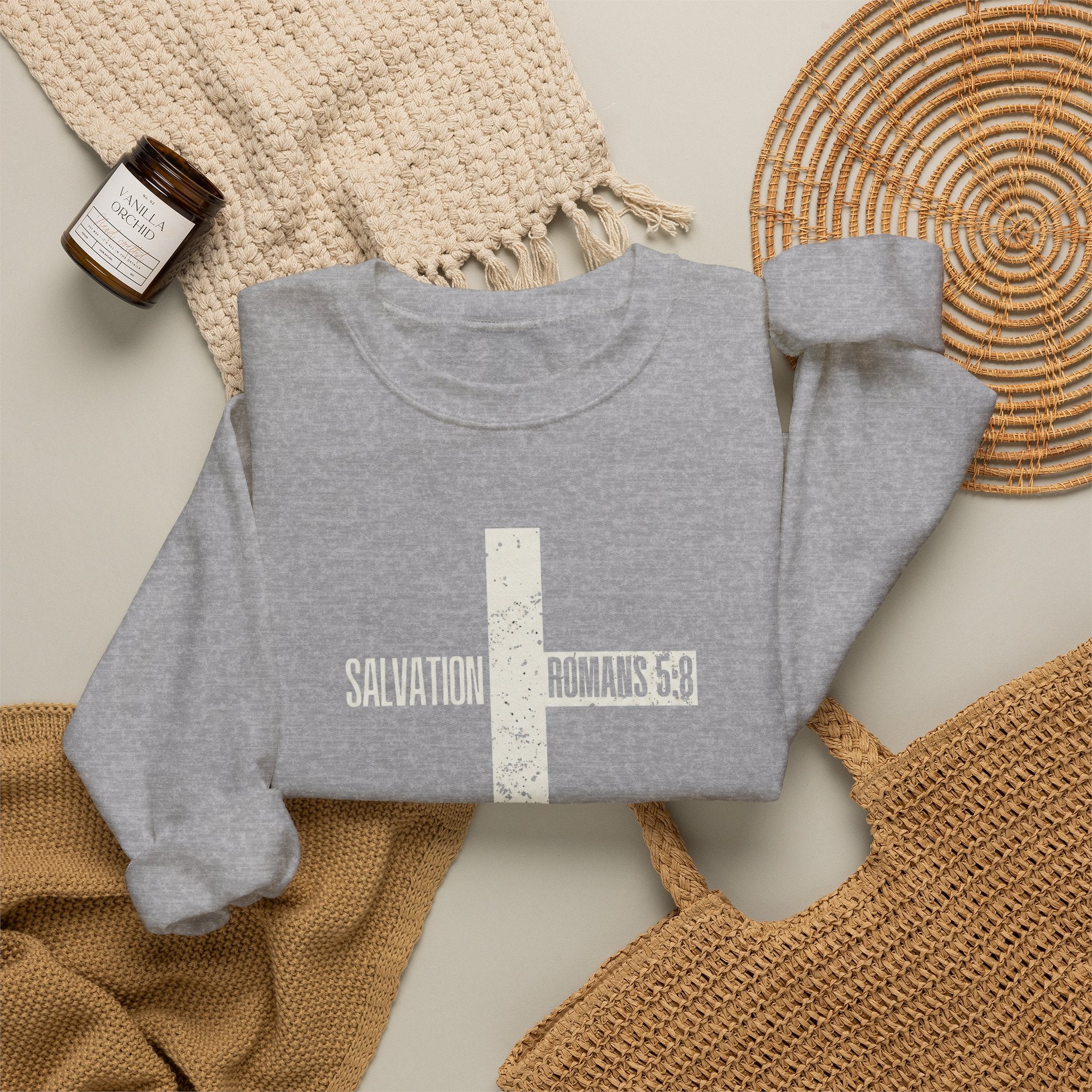 Christian Crewneck Sweatshirt "Salvation" Romans 5:8 Pullover, White Cross Graphic Apparel, Rustic Style Faith Sweatshirt