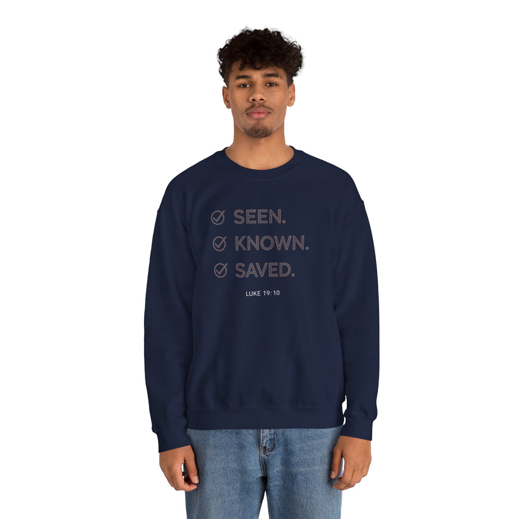 Christian Crewneck Sweatshirt "Seen Known Saved" Pullover, Gospel Faith Message Apparel, Inspirational Religious Sweatshirt