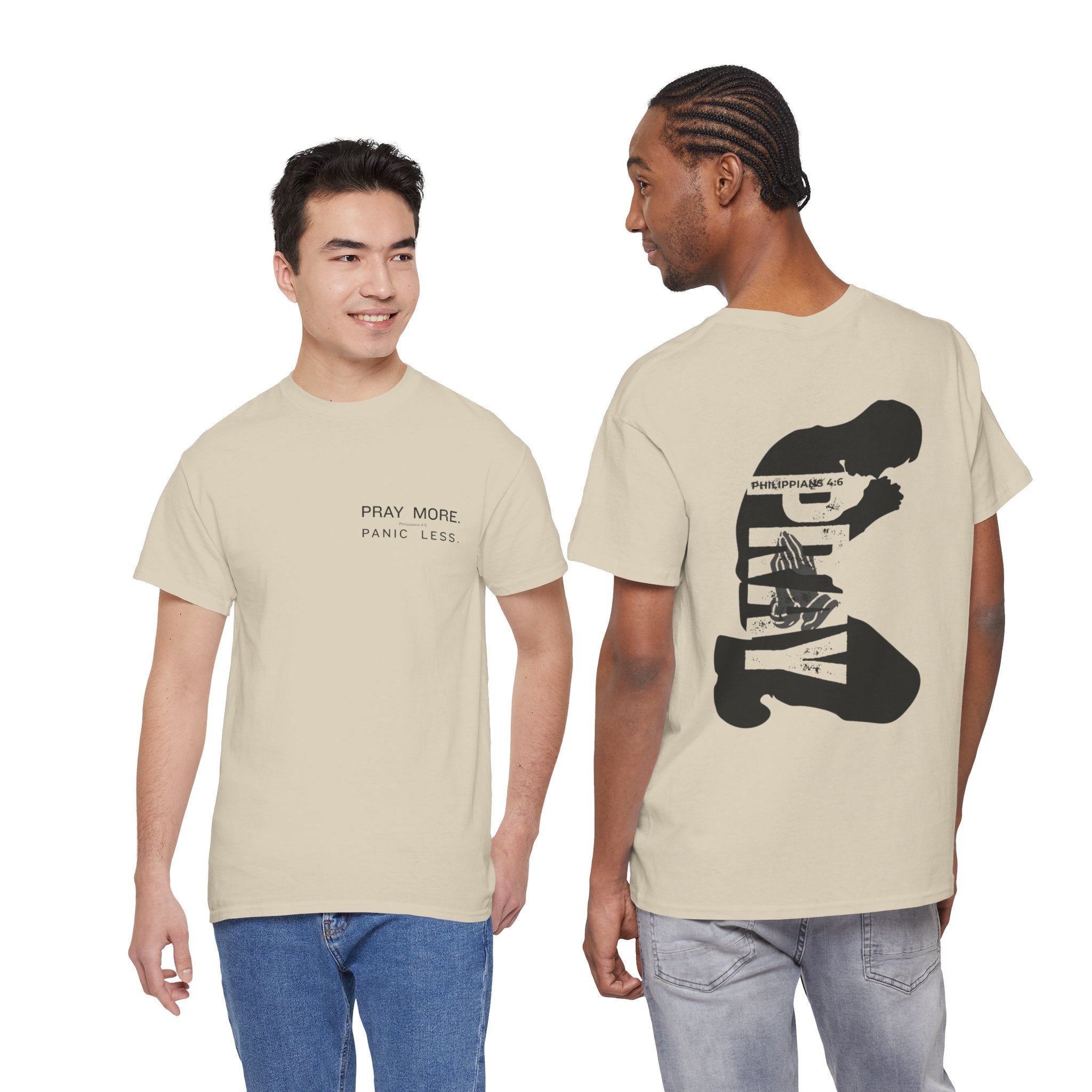 Pray More Tee — "Pray More, Panic Less" Christian Graphic T-Shirt