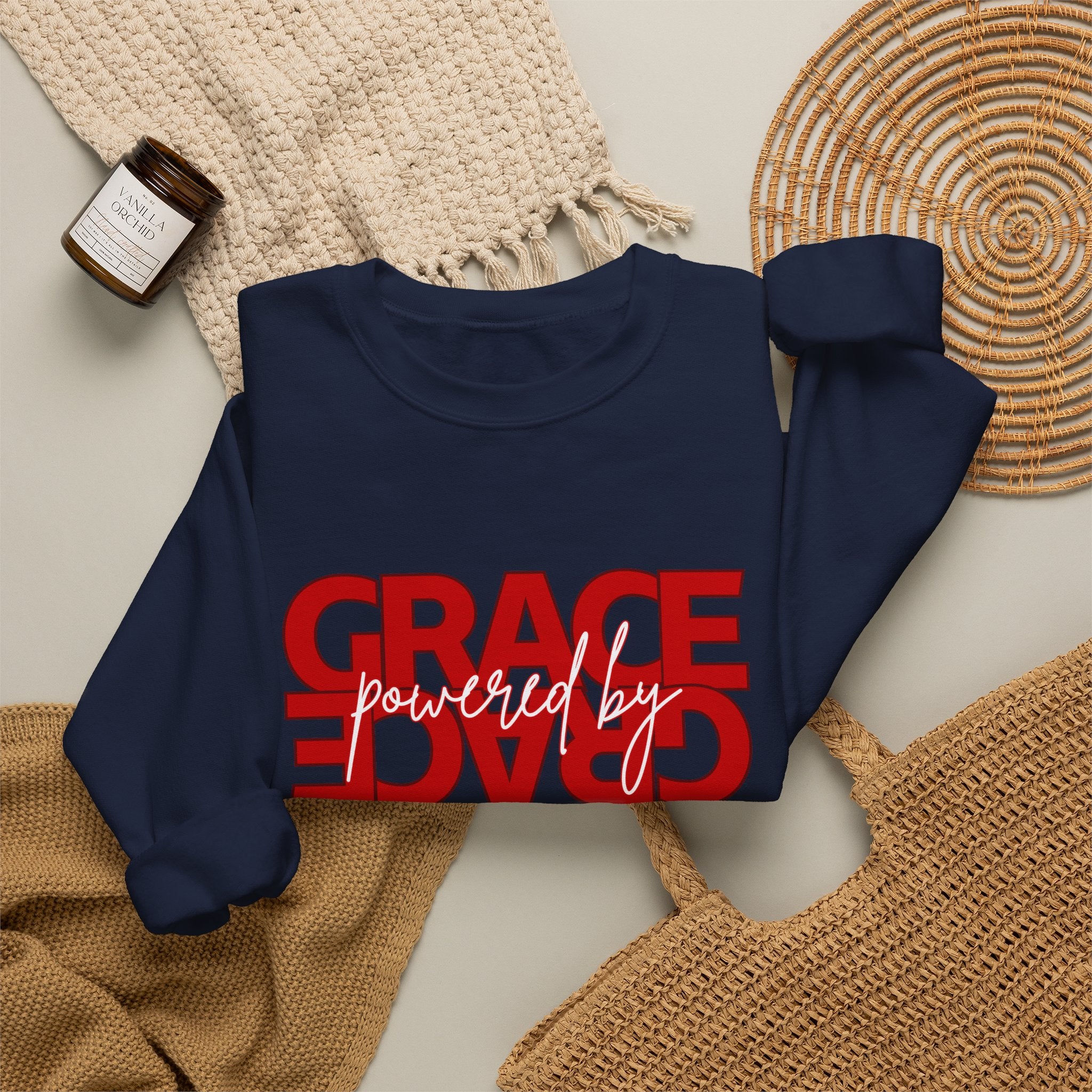 Crewneck Sweatshirt — "Grace Powered By God" Christian Faith Pullover (Ephesians 2:8)