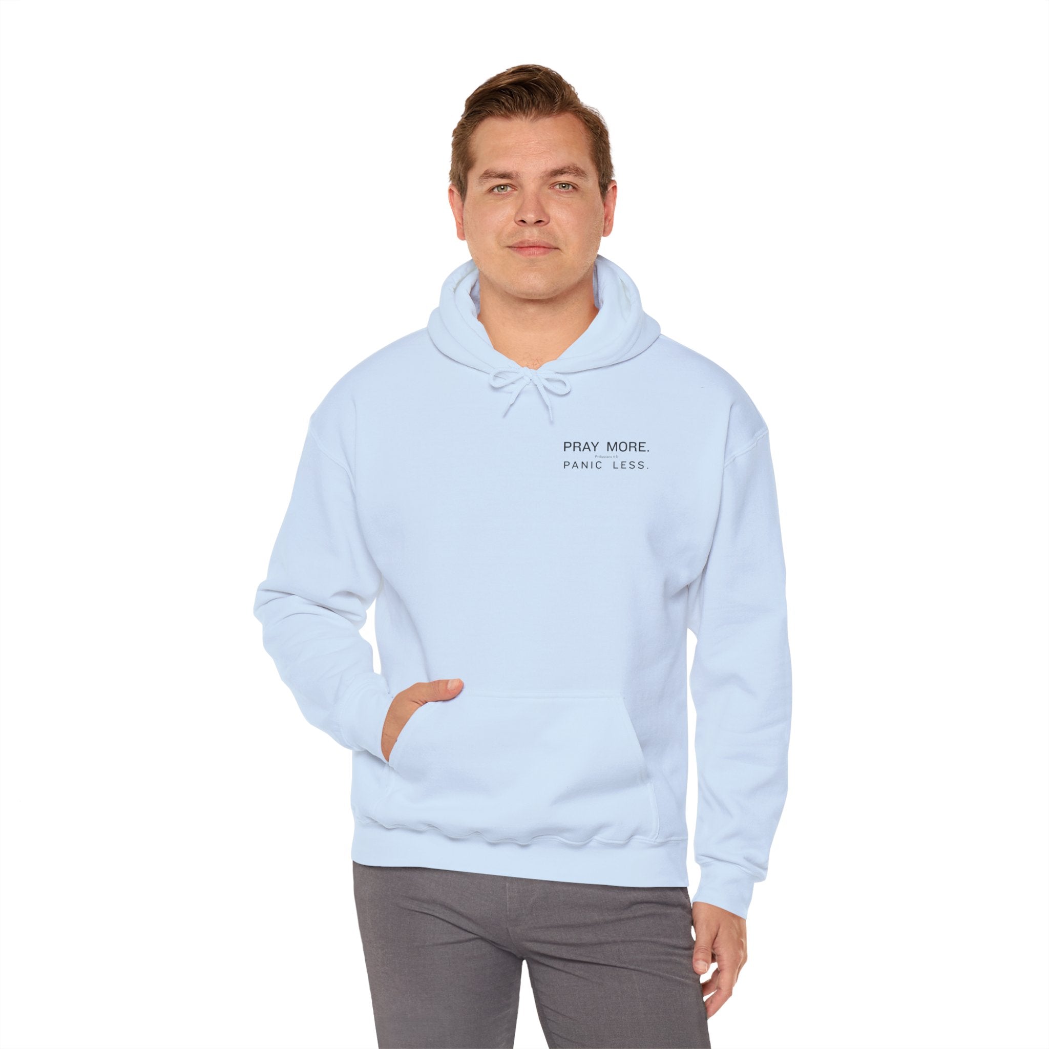 Minimal 'Pray More, Panic Less' Hoodie — Monochrome Graphic Back Print