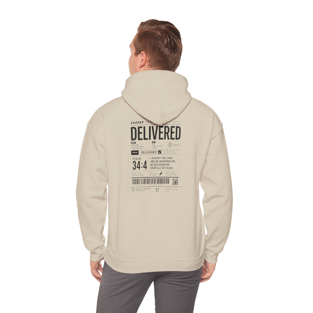Christian Graphic Hoodie 'Delivered' Shipping Label Pullover, Faith-Based Streetwear Sweatshirt