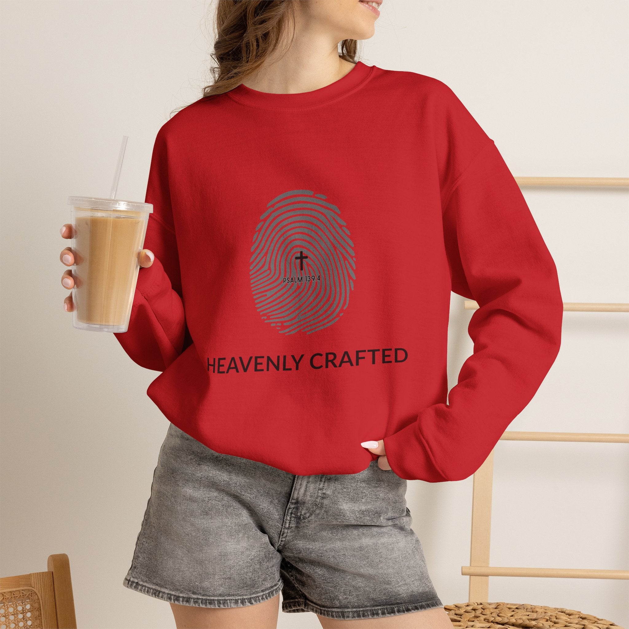 Christian Crewneck Sweatshirt "Heavenly Crafted" Fingerprint Pullover, Psalm 139 Identity Apparel, Unique Faith Graphic Sweatshirt