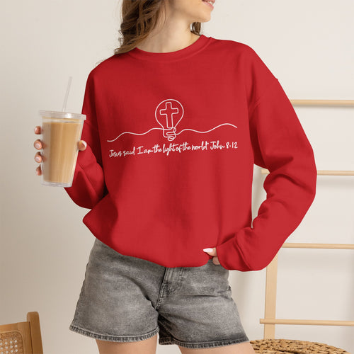 Christian Crewneck Sweatshirt "I AM the Light" Cross Pullover, John 8:12 Scripture Apparel, Faith Graphic Sweatshirt