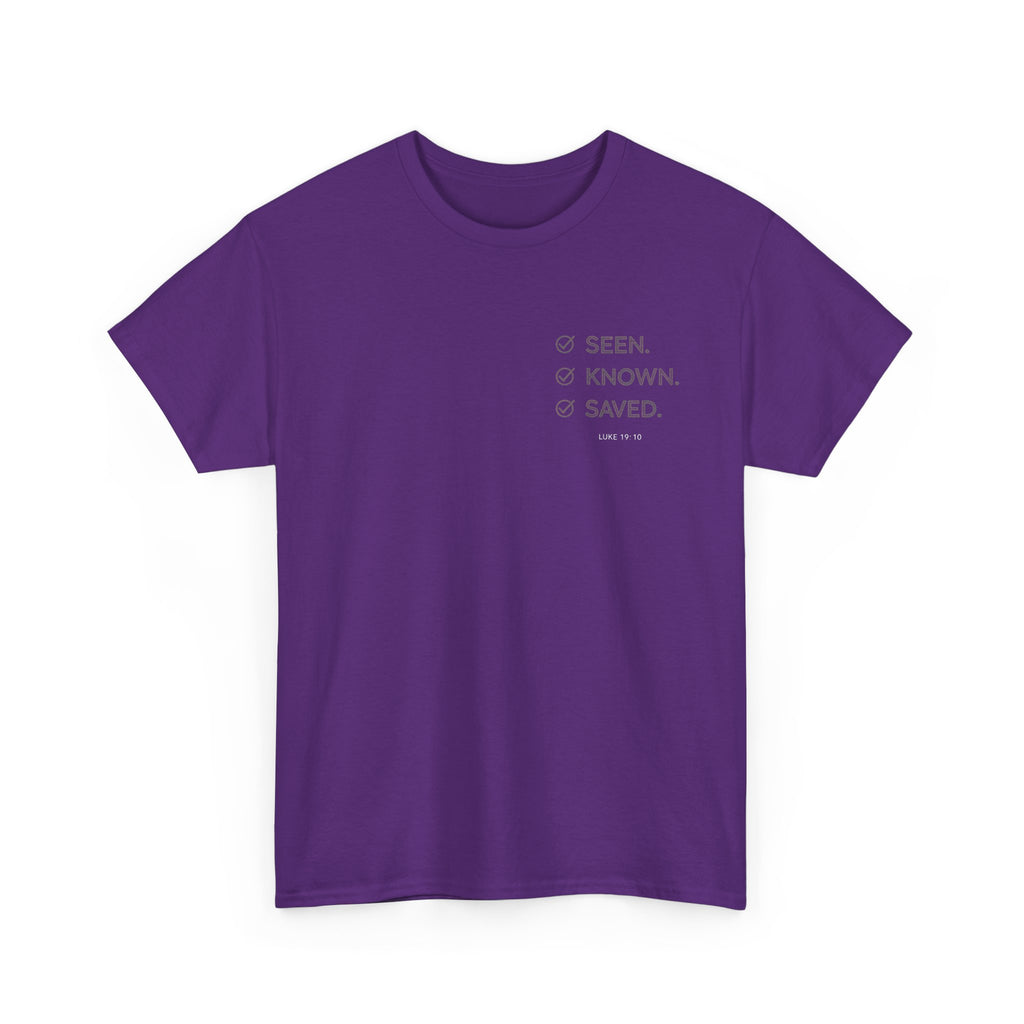 Black Text-Pattern T-Shirt — Seen Known Saved Christian Typography Graphic Tee