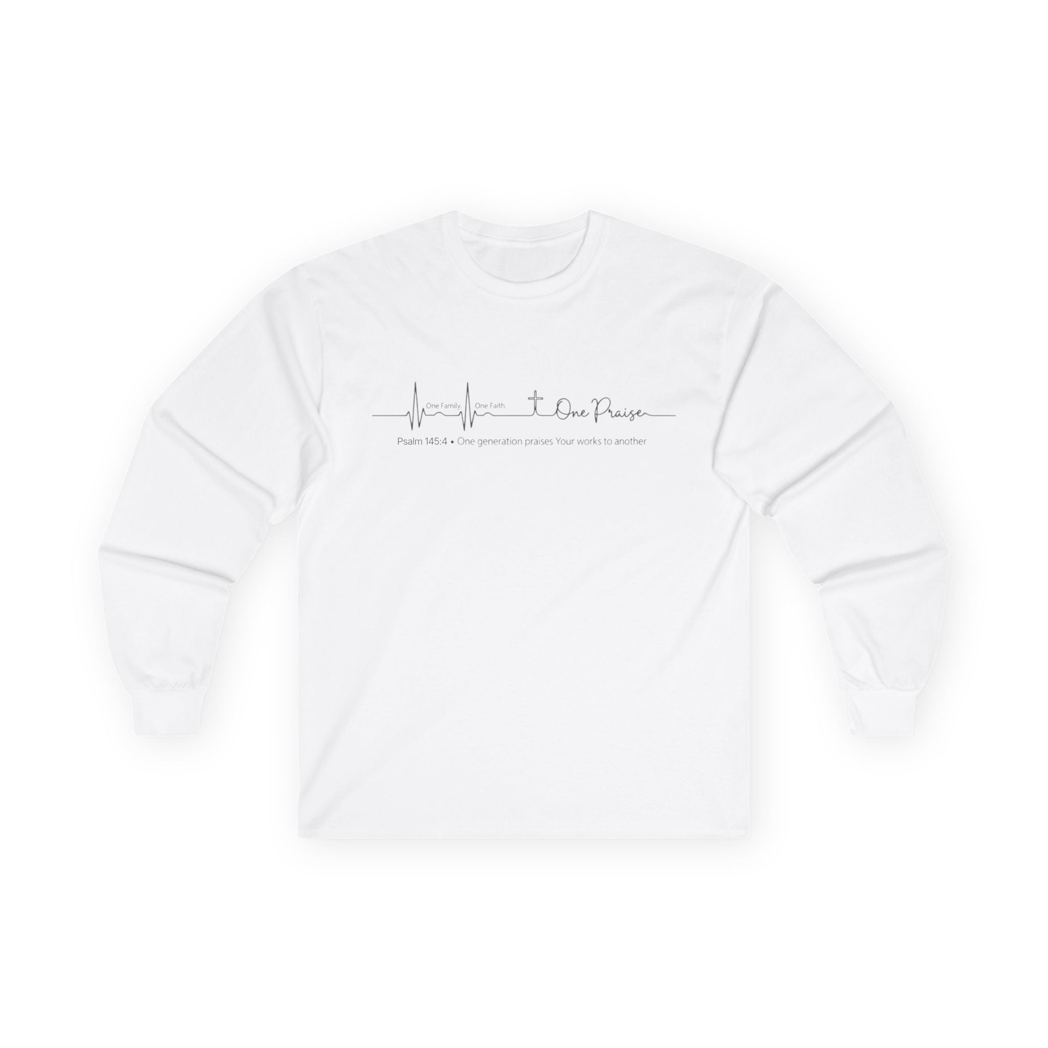 Long Sleeve Tee — Hope Heartbeat Cross "One Faith One Family One Praise" Minimalist Christian Shirt
