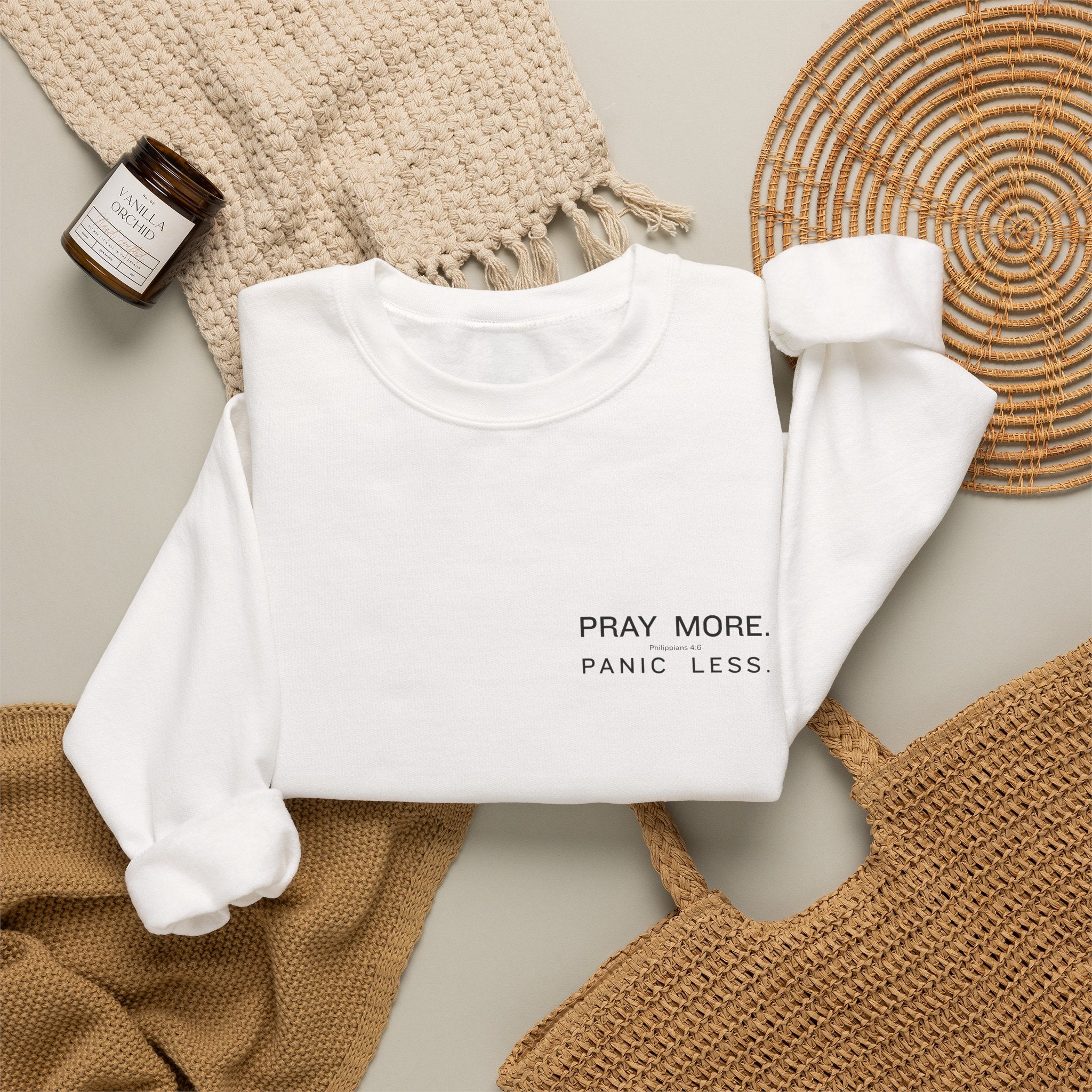 Prayer Graphic Sweatshirt — “Pray More, Panic Less” Crewneck
