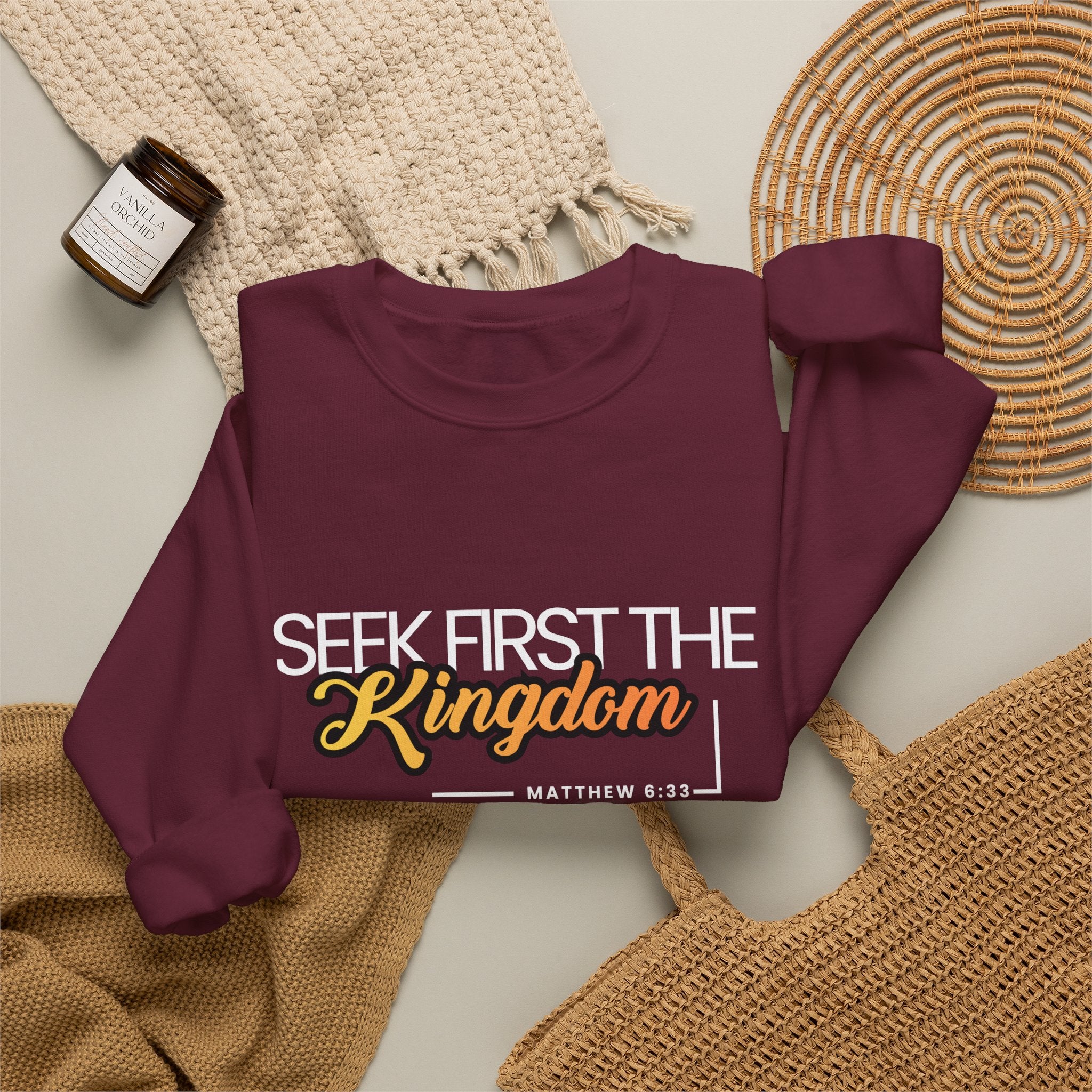 Christian Crewneck Sweatshirt "Seek First the Kingdom" Pullover, Matthew 6:33 Scripture Apparel, Inspirational Faith Graphic Sweatshirt