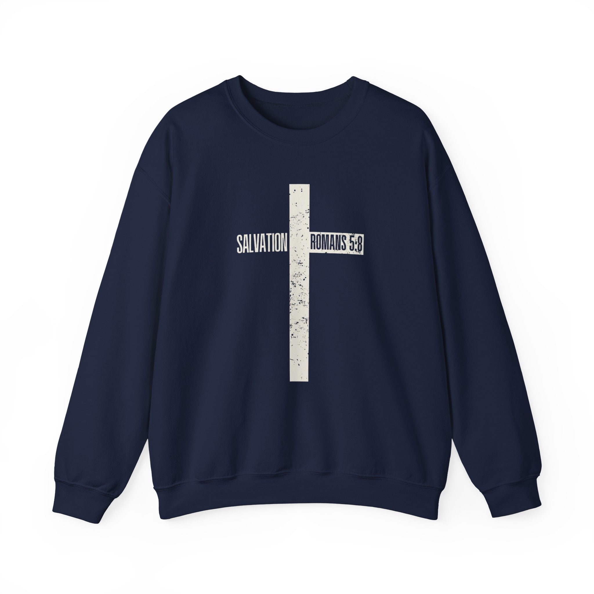 Christian Crewneck Sweatshirt "Salvation" Romans 5:8 Pullover, White Cross Graphic Apparel, Rustic Style Faith Sweatshirt